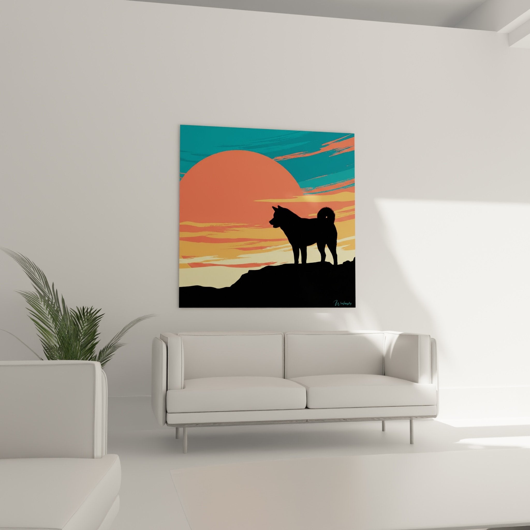 Détail rapproché silhouette Akita Inu sur toile, texture picturale et contraste couleurs crépuscule artistique