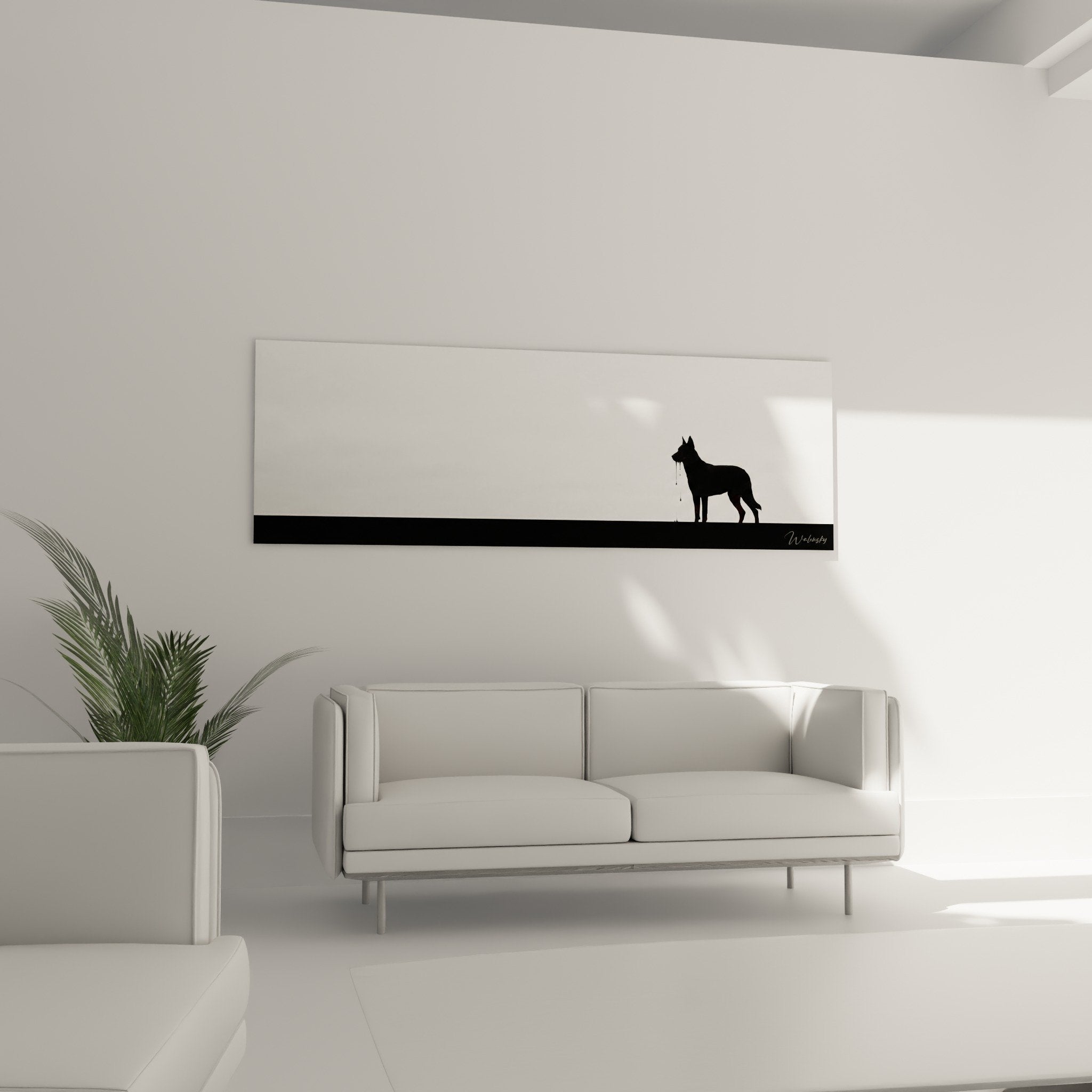 Détail silhouette Beauceron noir, contraste graphique, art minimaliste contemporain, trait épuré