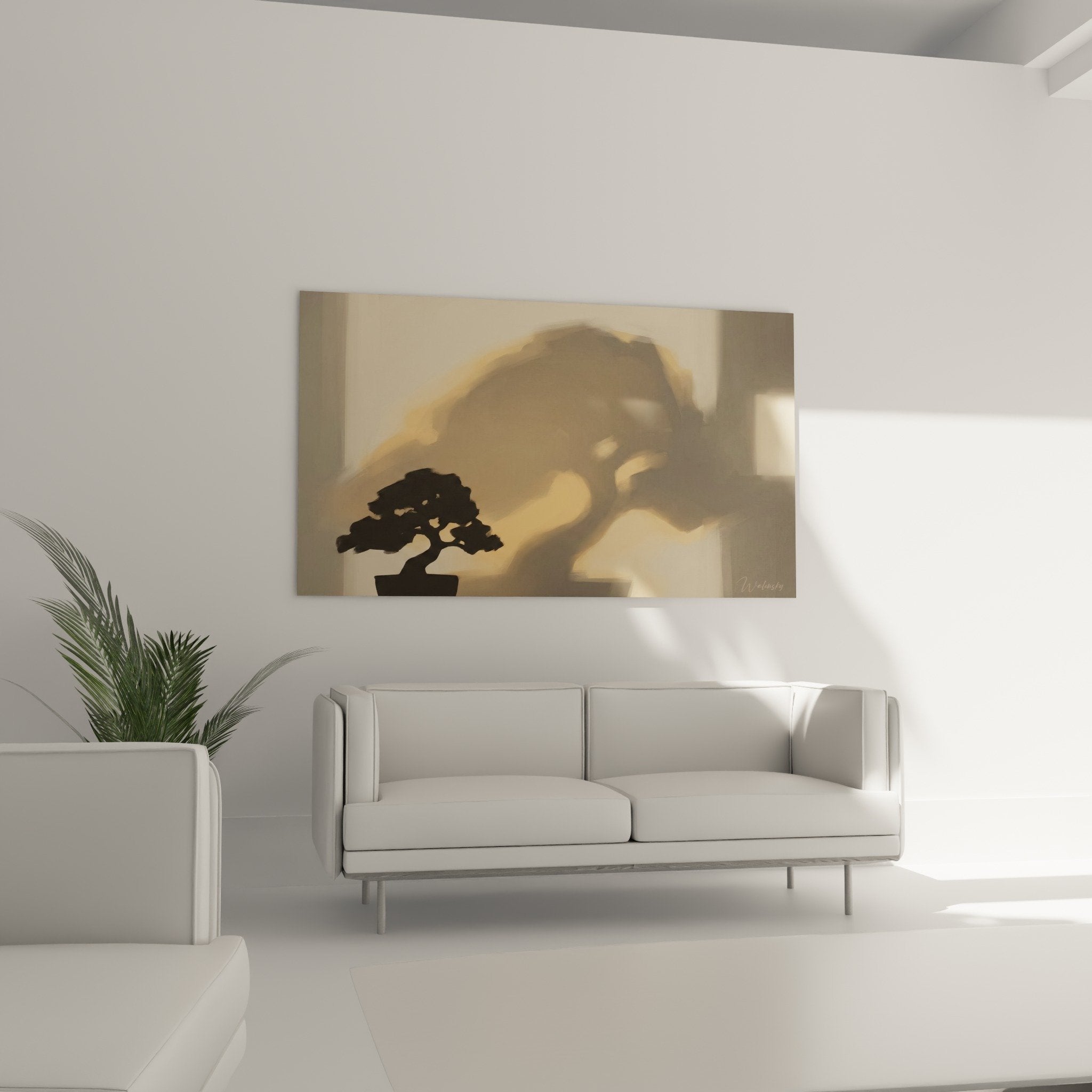 Detail miniature tree silhouette black contrasting with beige background and abstract shapes