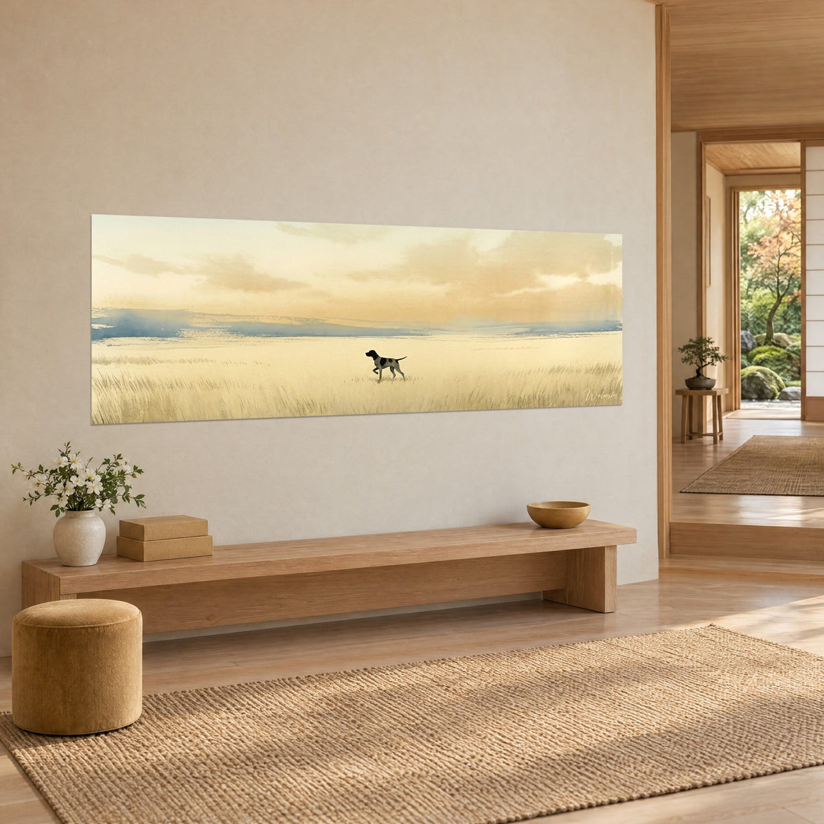 Gemälde Englischer Pointer in der Mitte einer Ebene aus strohgelbem trockenem Gras, blasser blauer Horizont, in einem Japandi-Wohnzimmer