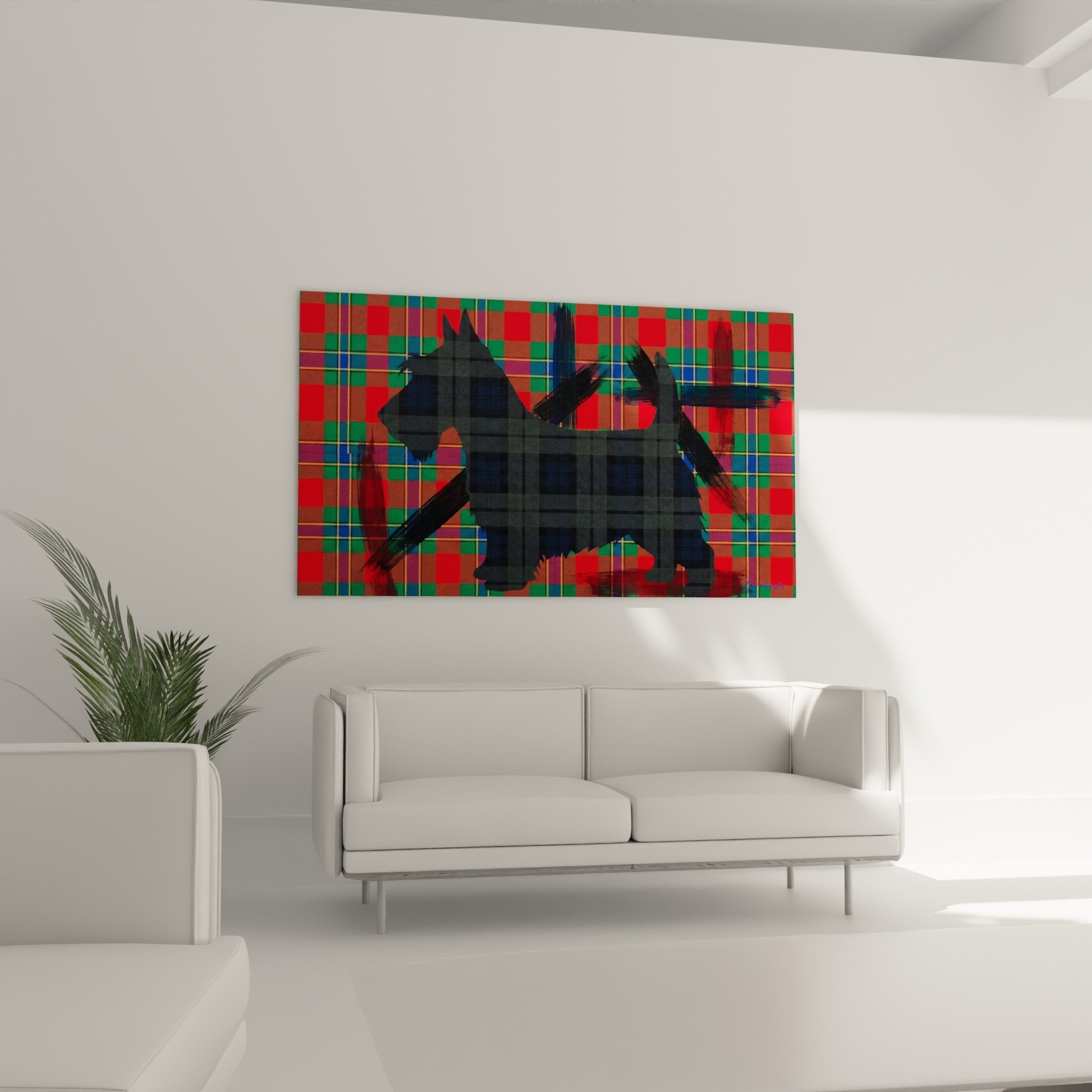 Détail rapproché silhouette terrier noir traits gestuels superposition tartan rouge vert art contemporain