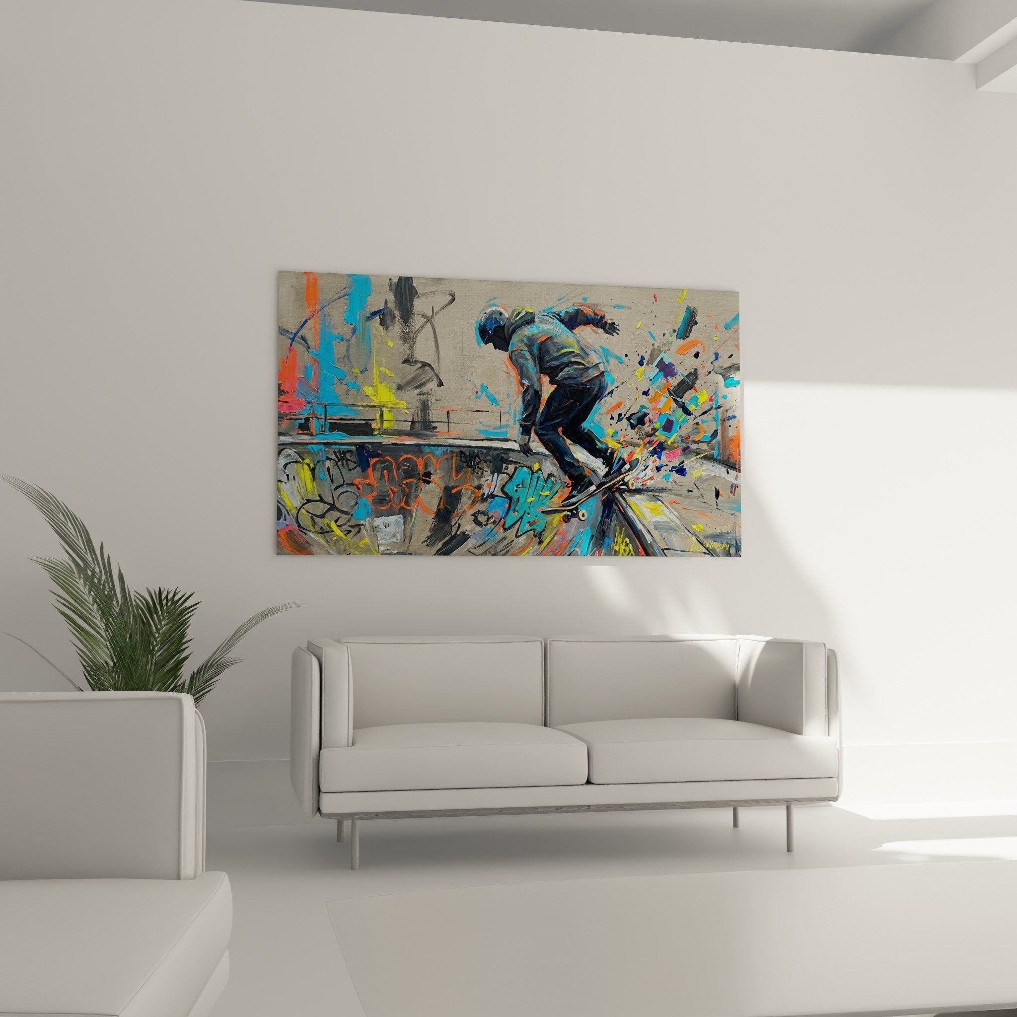 Detail skate art graffiti painting colorful projections blue orange yellow Brooklyn