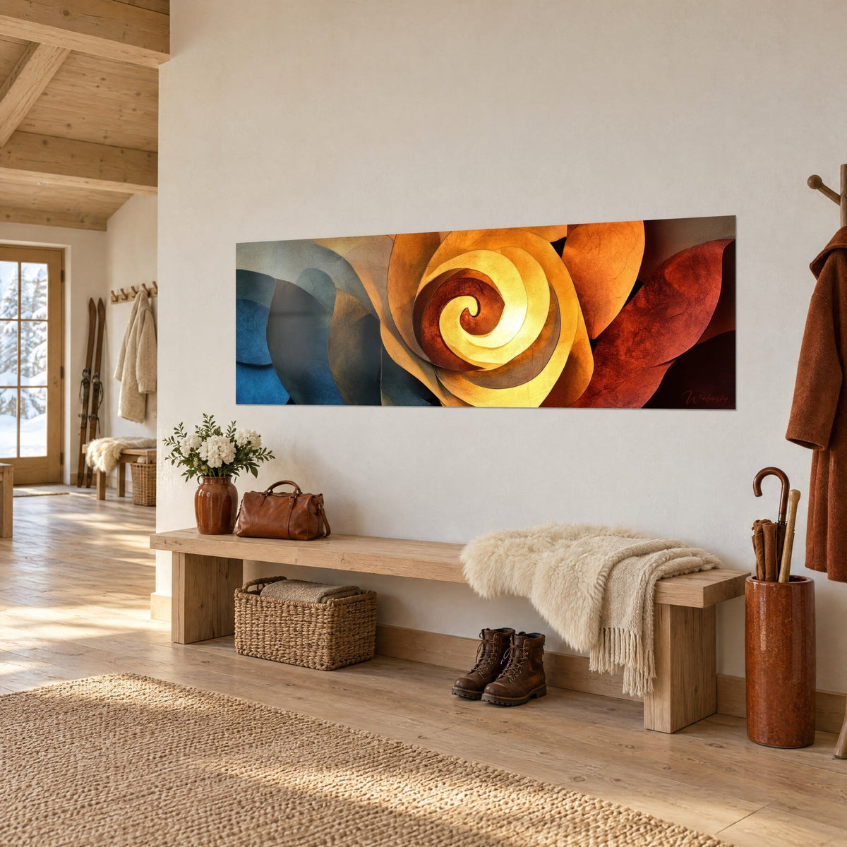 Tableau panoramique de pétales superposés, cœur jaune lumineux et teintes cuivrées, accroché dans une entrée de chalet