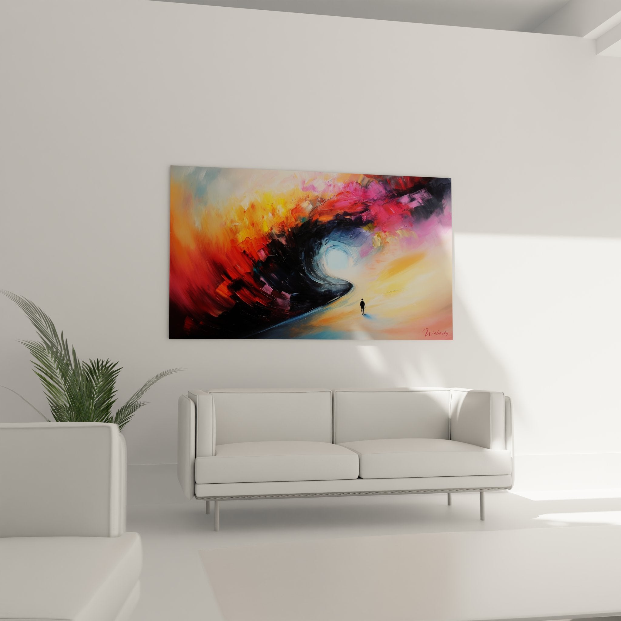 Gros plan détail tableau spirale abstraite textures couleurs orange rose vortex cosmique peinture