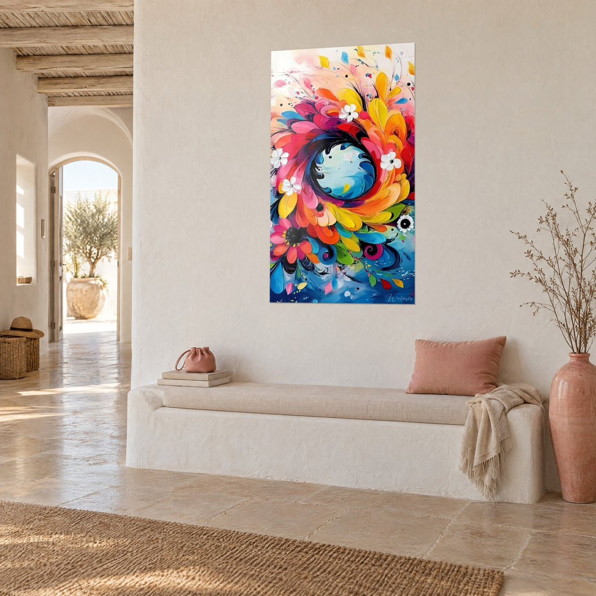 Tableau tourbillon de pétales jaune vif et magenta autour d'un cercle bleu ciel, mur blanc, banquette en pierre, vue de trois-quarts