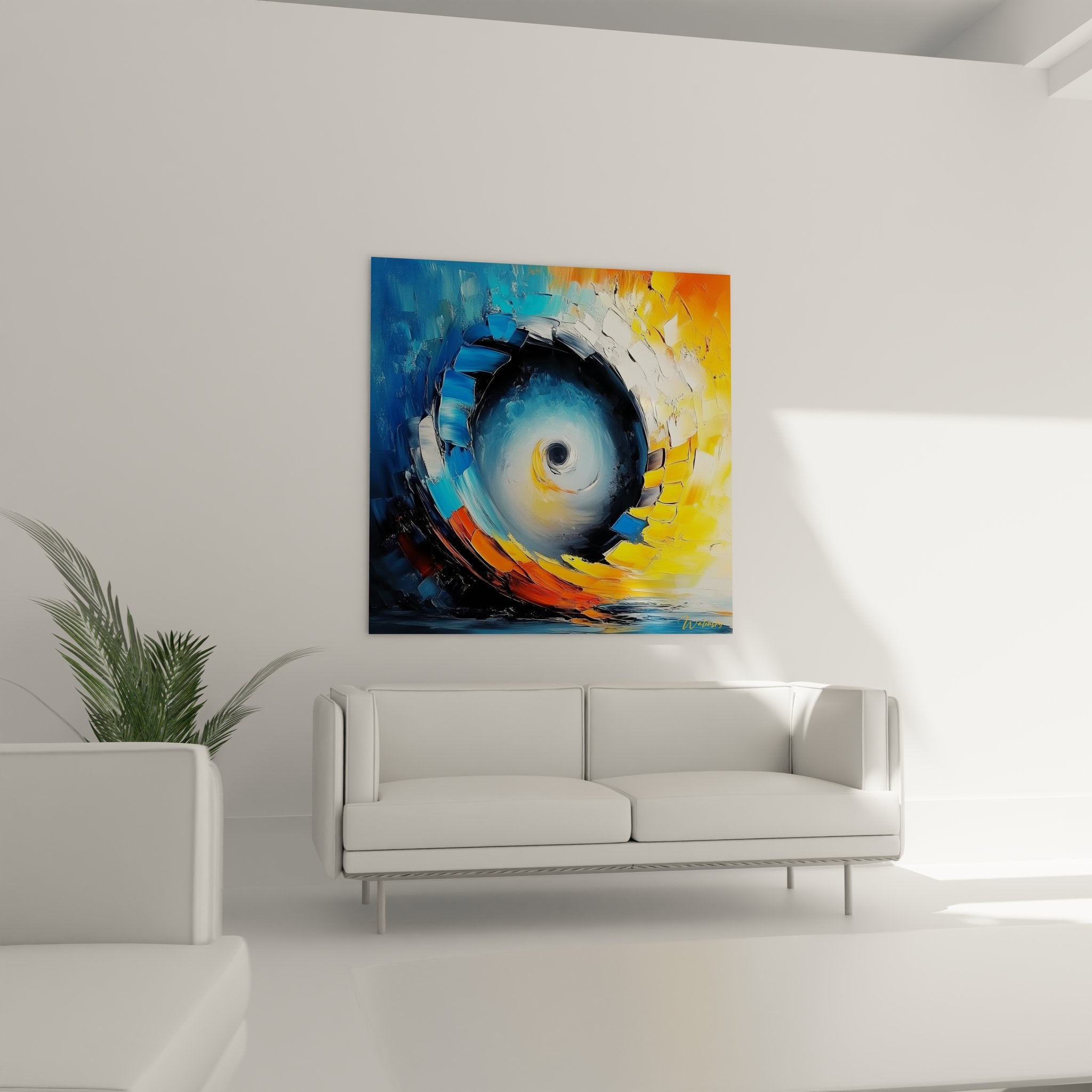 Détail spirale abstraite orange bleue - texture peinture épaisse art contemporain moderne