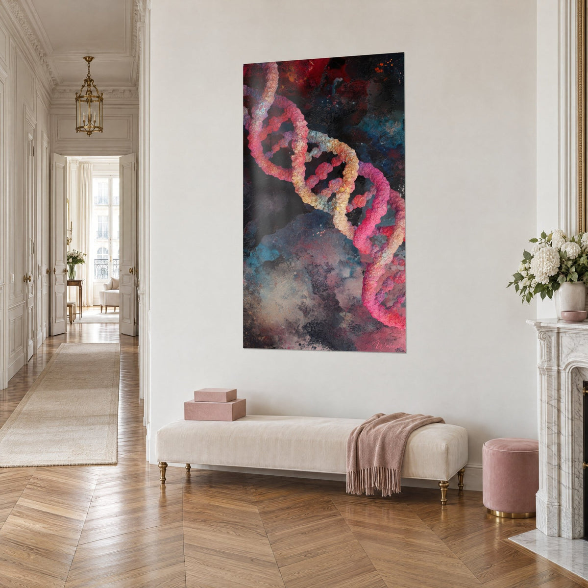 Gemälde genetische Spirale in Fuchsia und goldenem Ocker auf dunklem Grund, Dreiviertelansicht, Sitzbank und Haussmann-Parkett