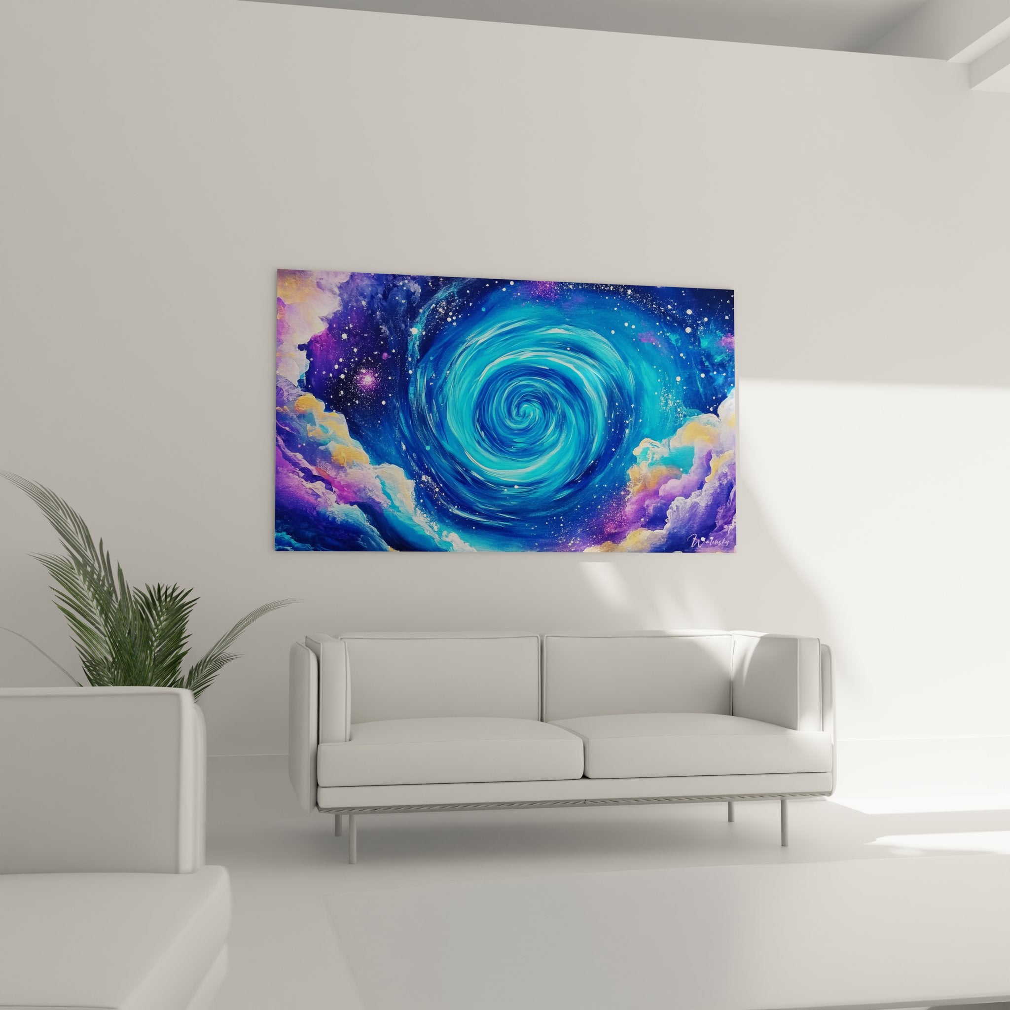 Détail spirale bleue intense avec effets tourbillon et nuances cyan sur peinture cosmique abstraite