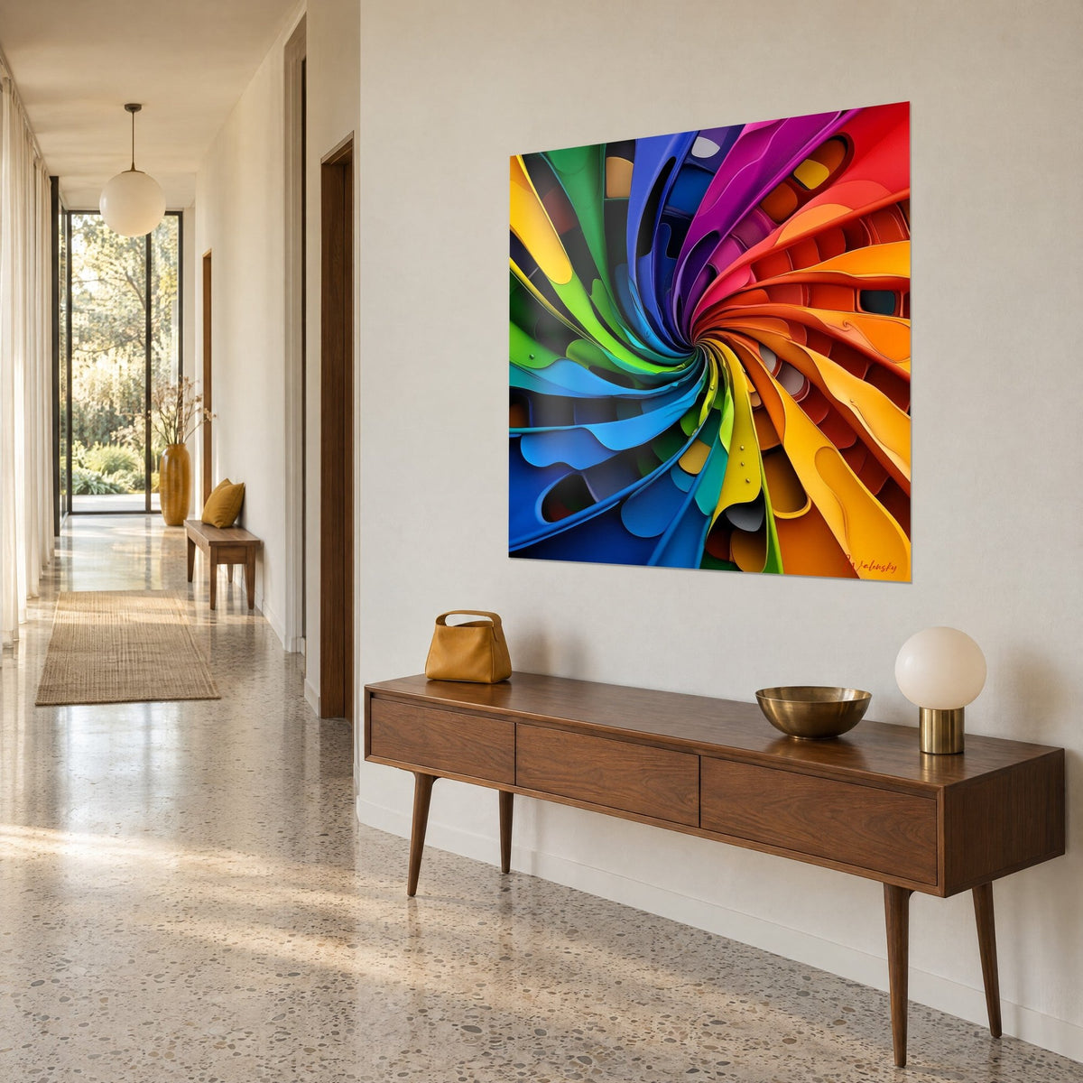 Wall art spiral of smooth lamellas in lemon yellow and deep violet turning toward a central point, cream wall and walnut console