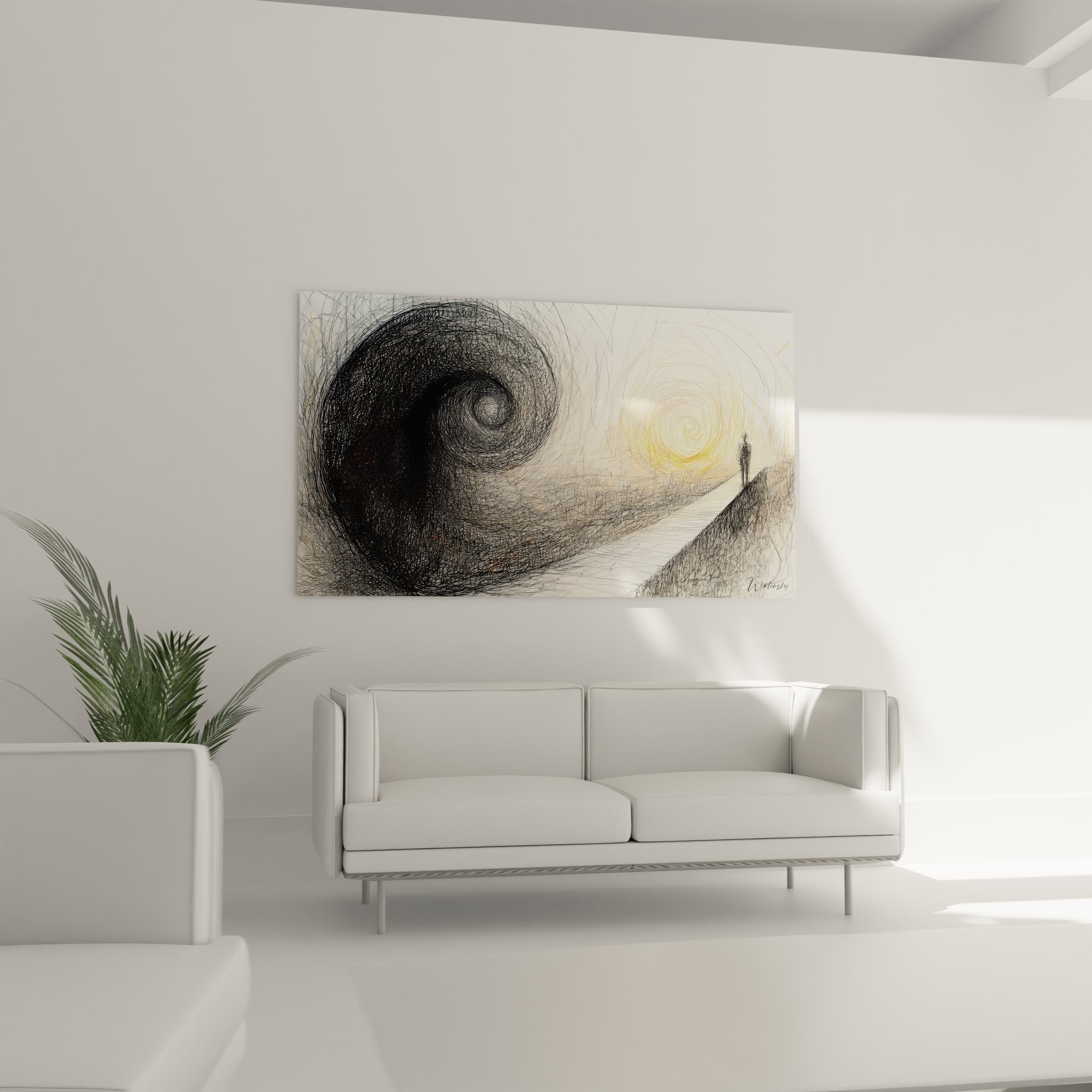 Gros plan détail texture spirale dorée tableau mural abstrait technique hachures lignes convergentes