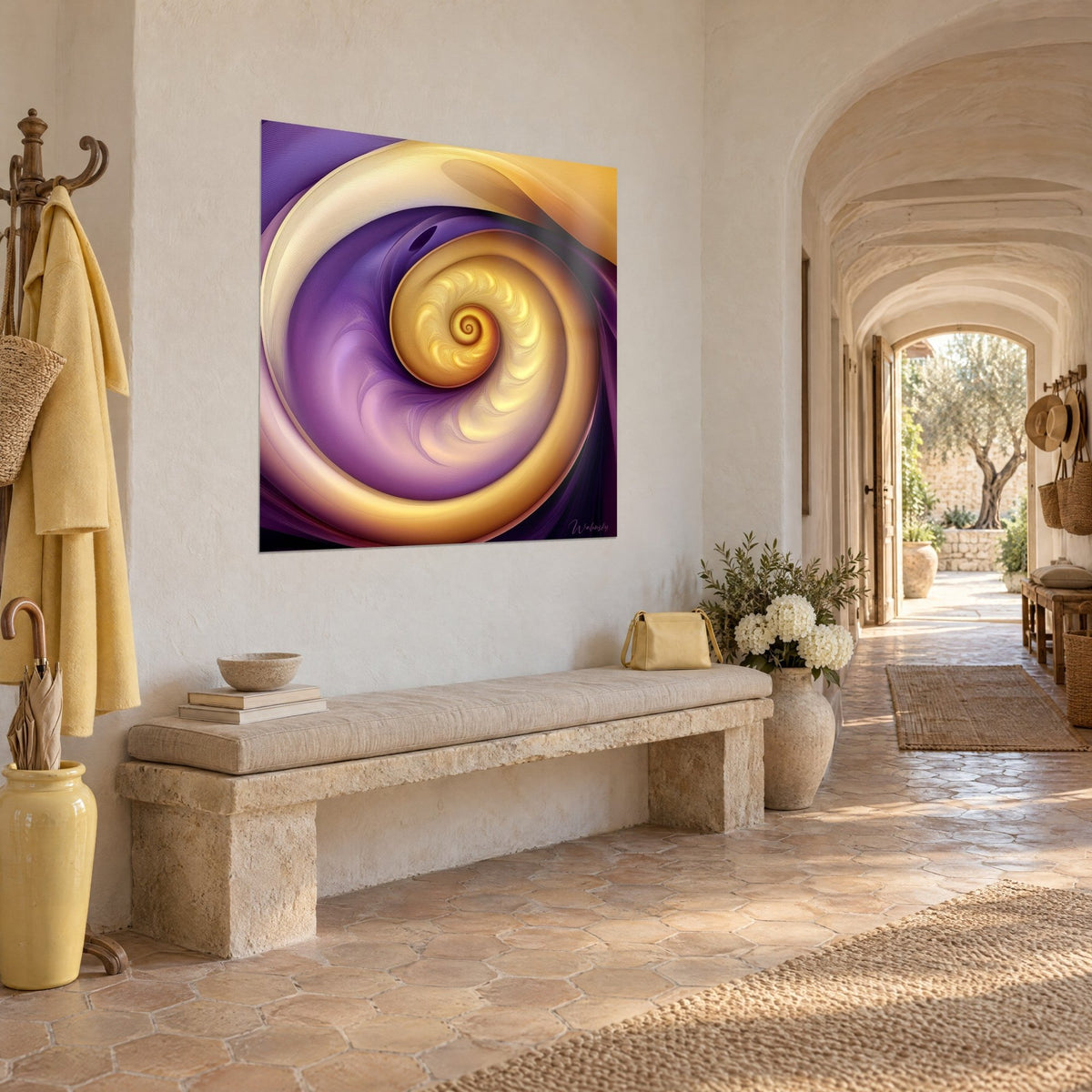 Abstract wall art with ivory and amethyst nautilus scrolls, three-quarter view in a vaulted corridor of the Provençal farmhouse