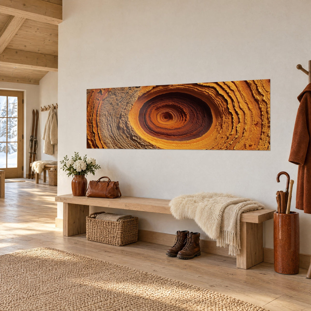 Tableau tourbillon minéral en couches orangées et brun roux, vu de trois quarts dans une entrée de chalet