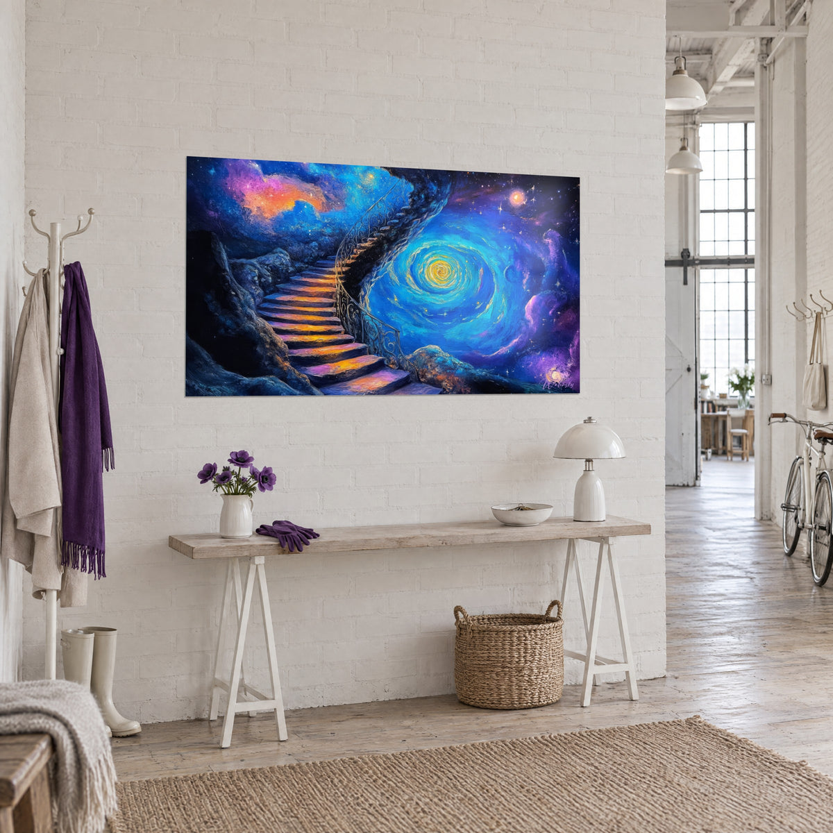 Tableau marches lumineuses orange et mauve longeant une rampe en fer forgé, galaxie turquoise en tourbillon, console en bois clair
