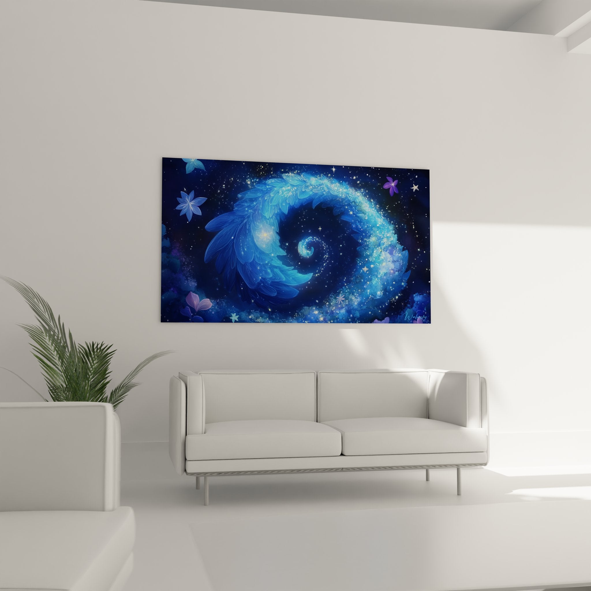 Détail spirale cosmique fleurie avec effets lumineux et pétales translucides bleus