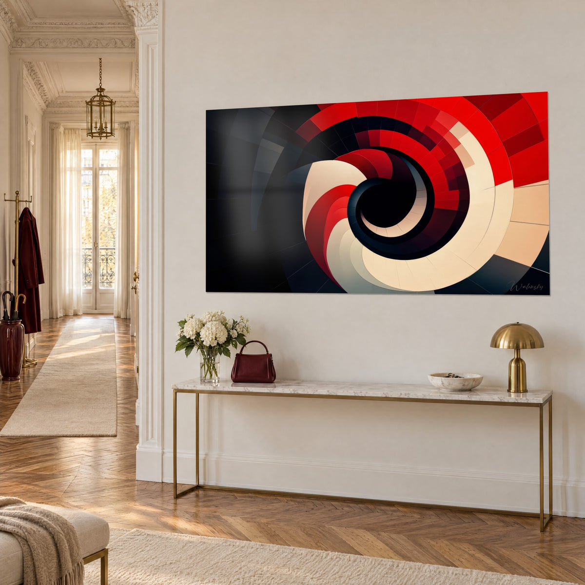 Schilderij moderne draaikolk in felrood en crème met een diep zwarte kern, aan een beige muur naast een vergulde console