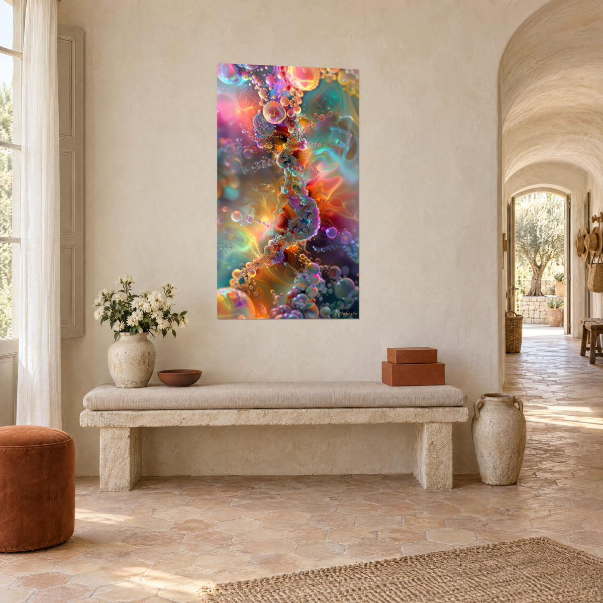Wall art with a spiral of shimmering bubbles in violet, orange and seafoam green on a fluid background, three-quarter view in a vaulted corridor of a masia