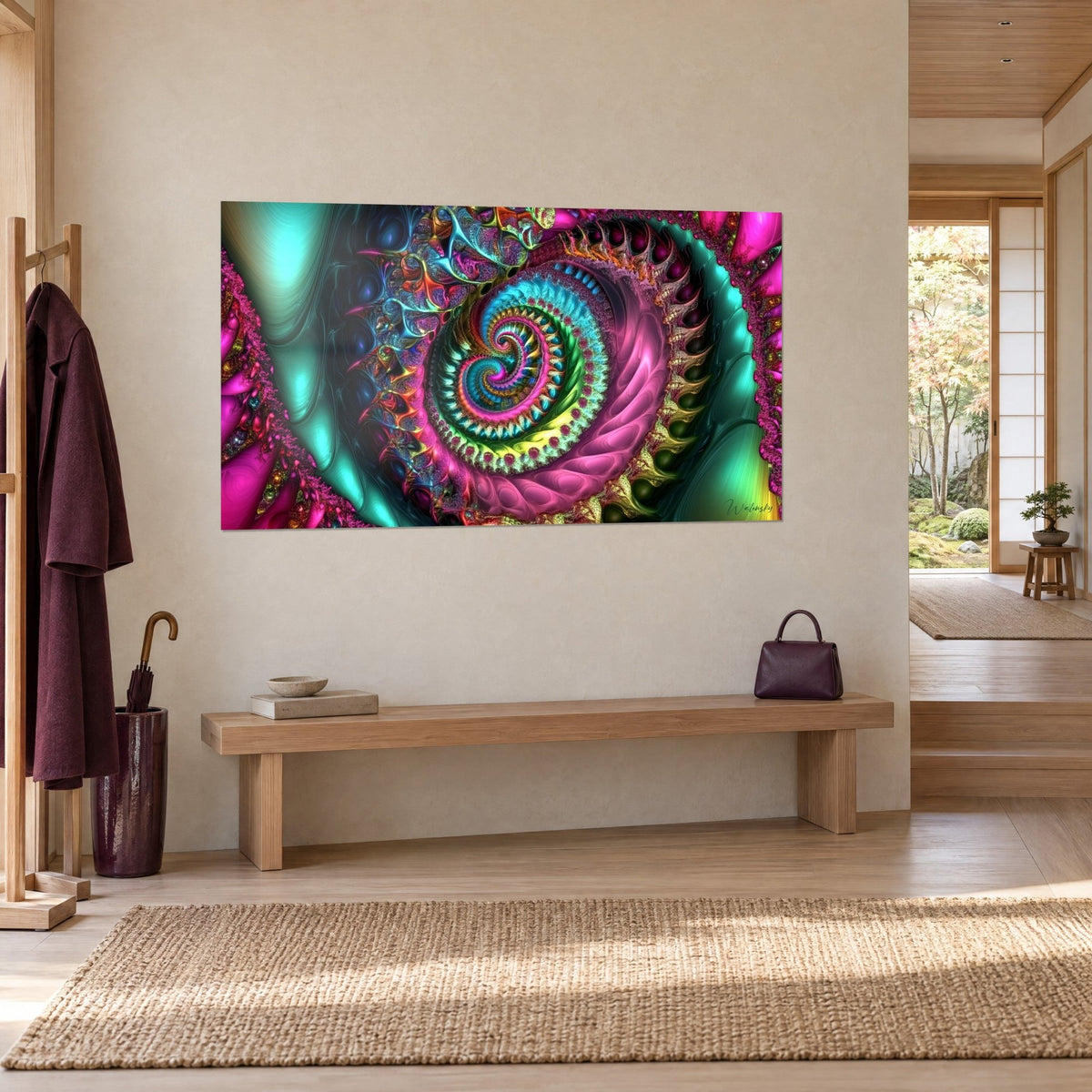 Tableau vortex psychédélique aux nuances fuchsia et vert émeraude, vue de trois-quarts près d'un banc en bois clair