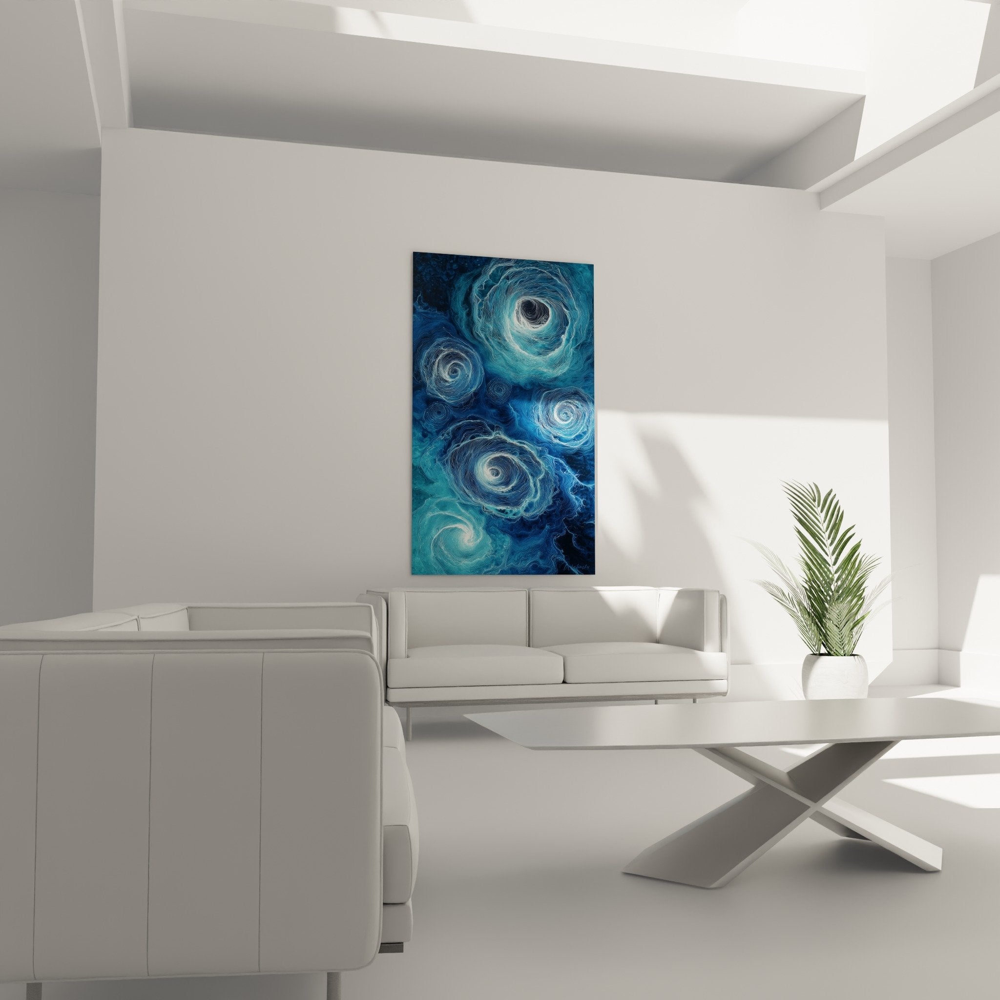 Detail spirales bleues turquoise tourbillons aquatiques reflets nacrés texture fluide feng shui