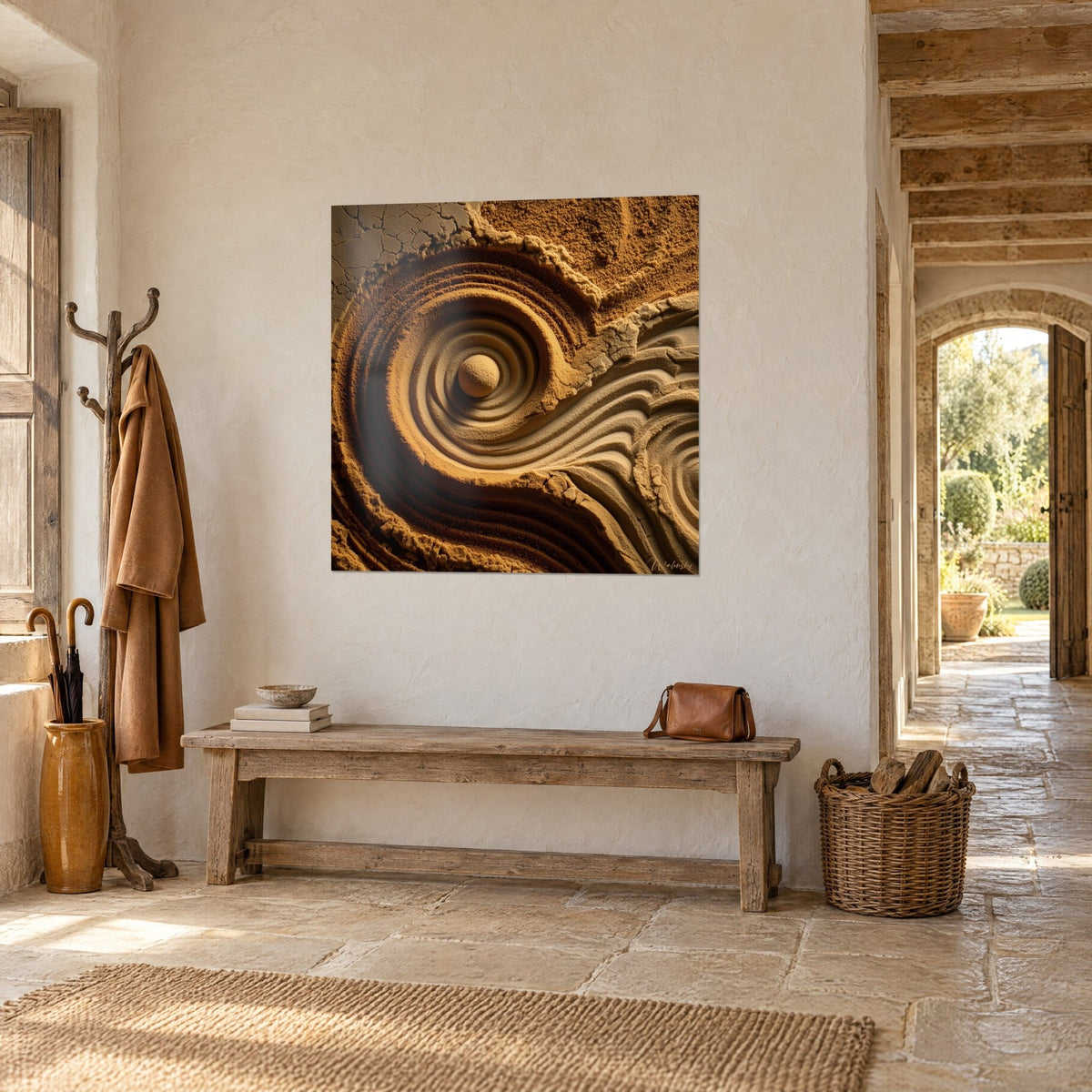 Cuadro remolino mineral con volutas crema y ámbar, esfera central lisa, colgado cerca de un arco de piedra dorada