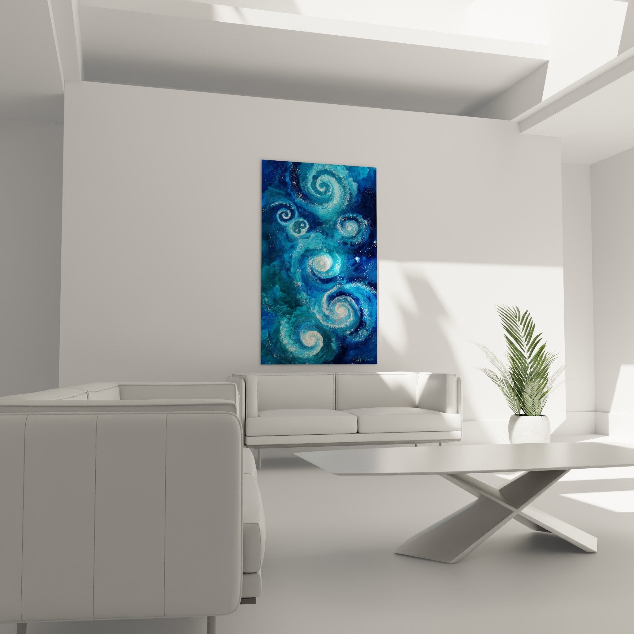 Detail blue cosmic spirals golden particles fluid texture swirls feng shui north water