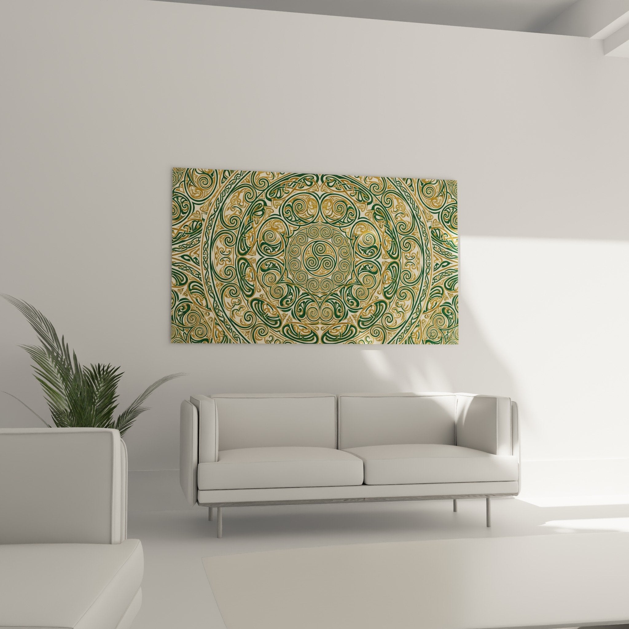 Détail rapproché spirales dorées et motifs verts entrelacés du mandala celtique aux géométries complexes