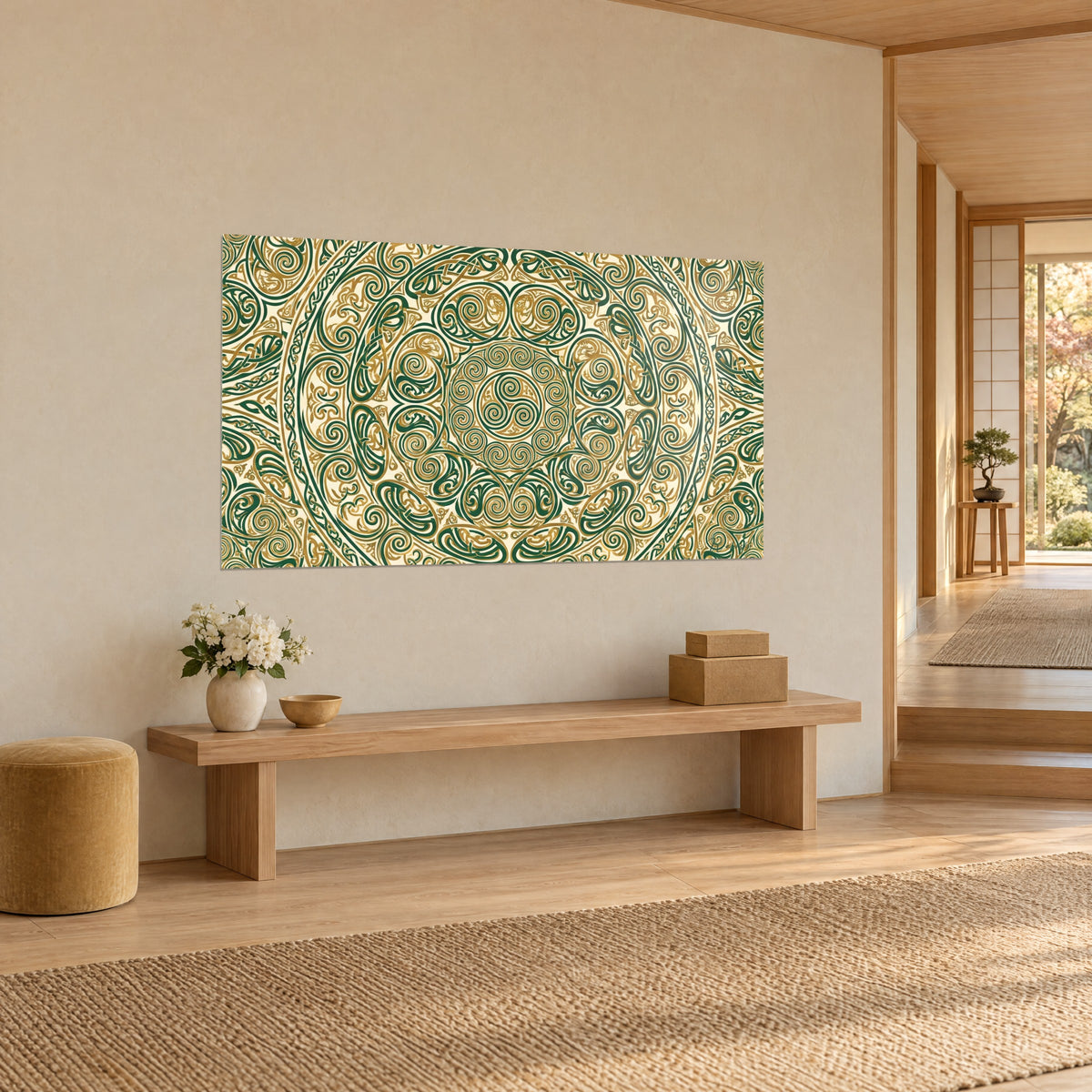 Gemälde mit zentralem Triskelion, umgeben von verschlungenen Rosetten in tiefem Grün und goldenem Ocker, cremefarbene Wand eines Japandi-Flurs