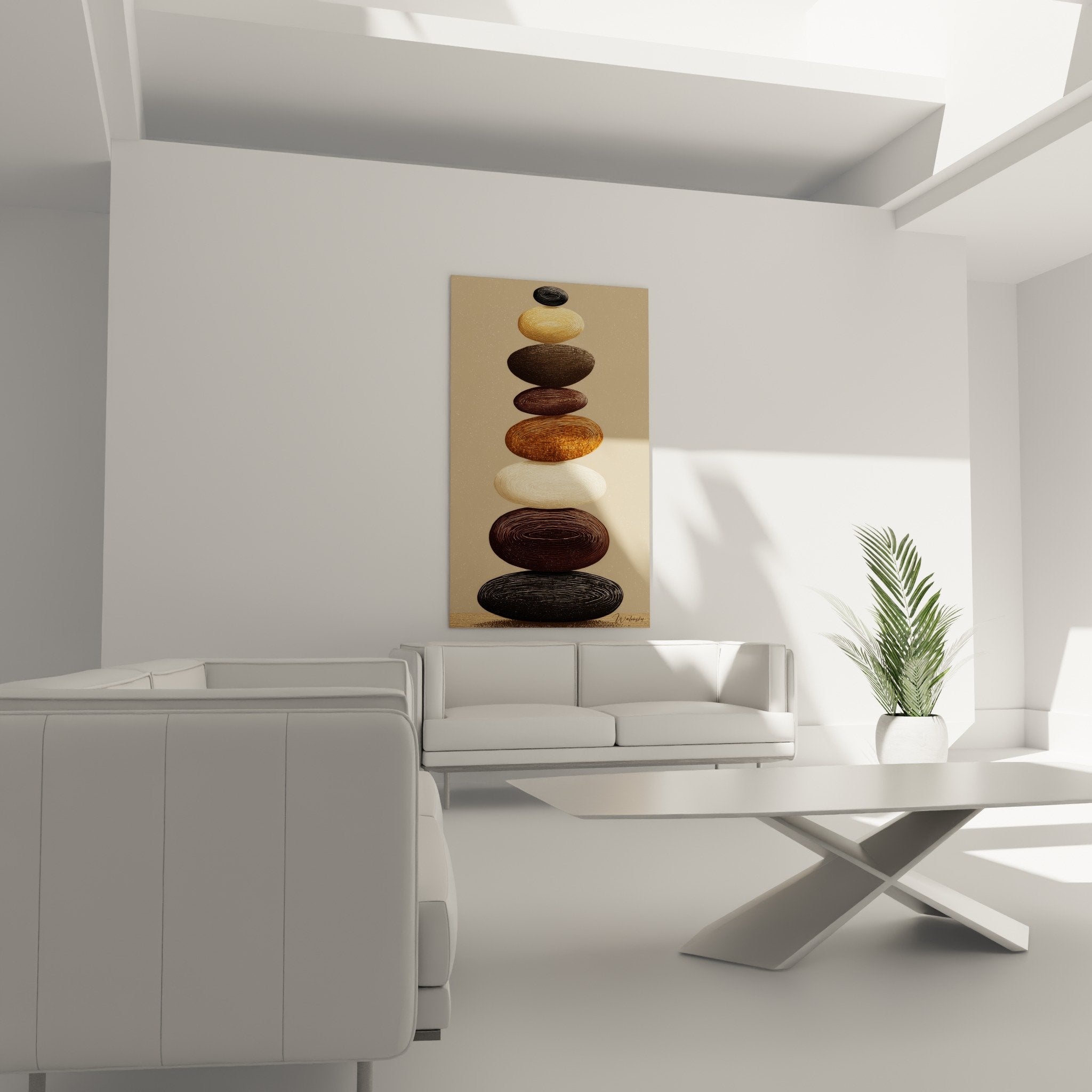 Textured detail of engraved spiral pebbles in ochre and wood mineral zen meditation composition