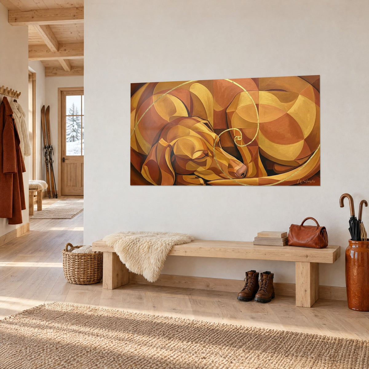 Gemälde eines rostbraunen Hundes, zusammengerollt in kupferbraunen und honiggelben kubistischen Bögen, goldene Spirale, dreiviertel Ansicht über einer Chalet-Bank