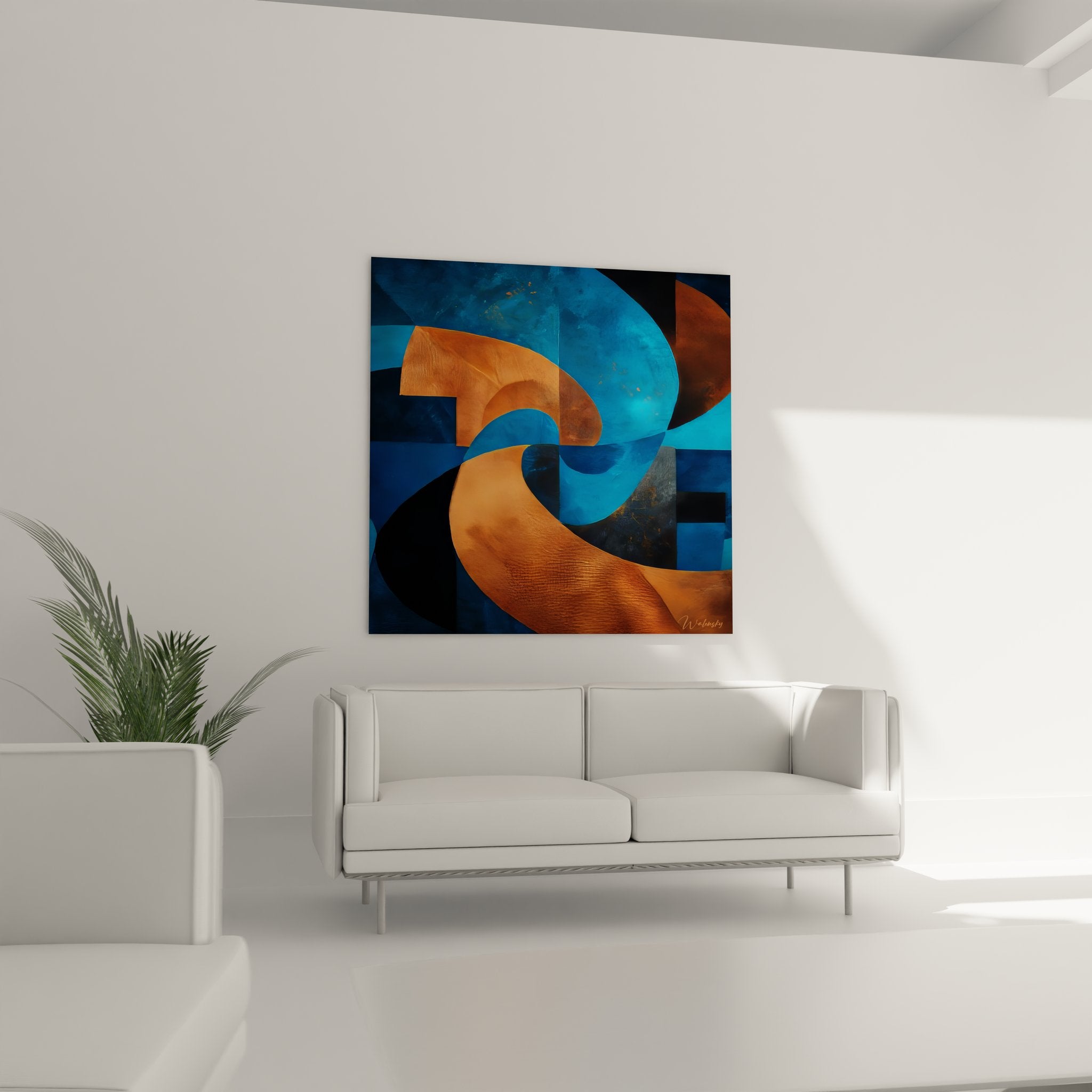 Détail gros plan spirales géométriques abstraites, textures cuivrées et formes translucides bleues