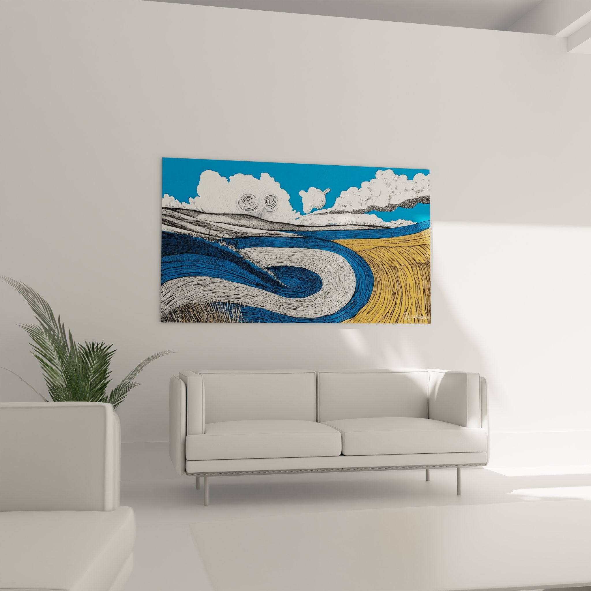 Détail spirales marines abstraites et vagues stylisées en bleu et doré