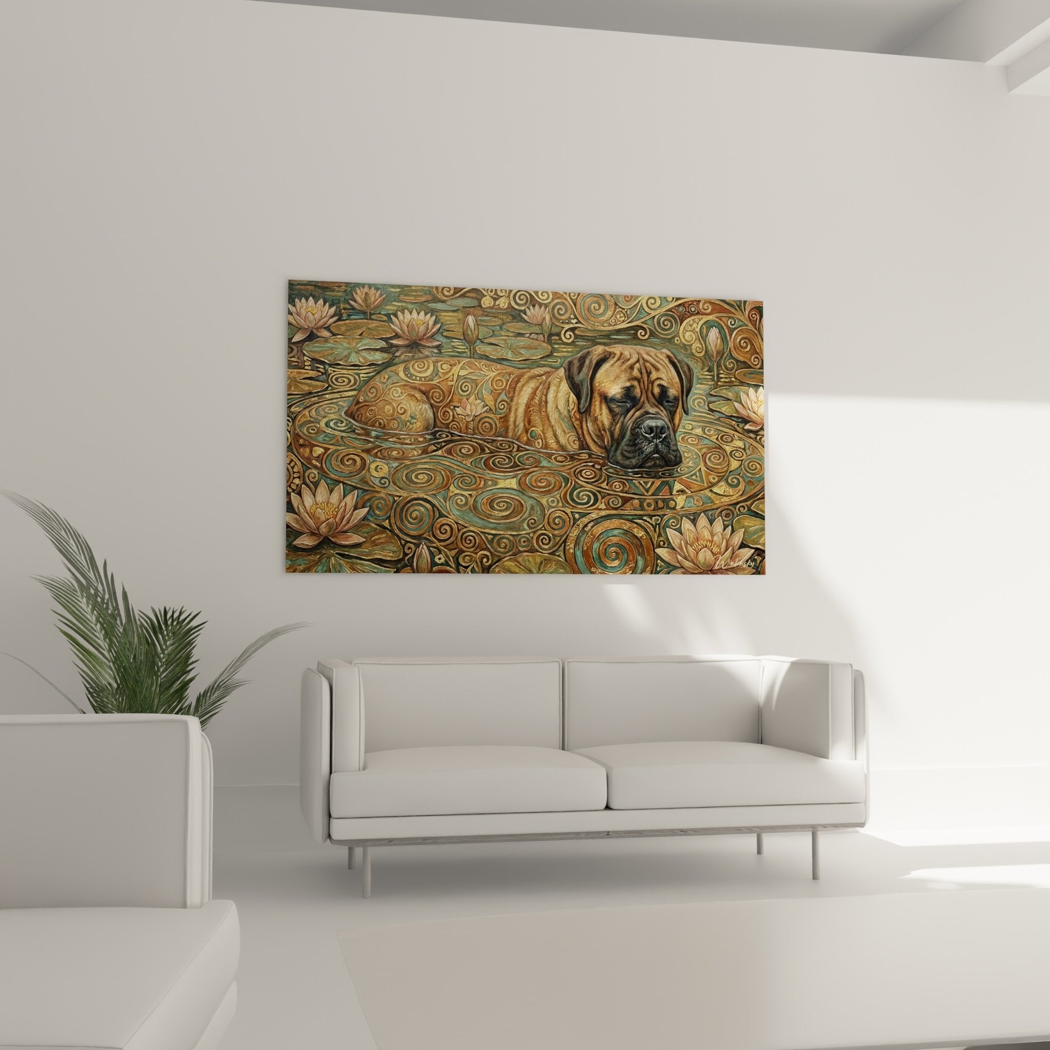 Détail spirales dorées byzantines entourant tête de Bullmastiff fauve dans composition aquatique