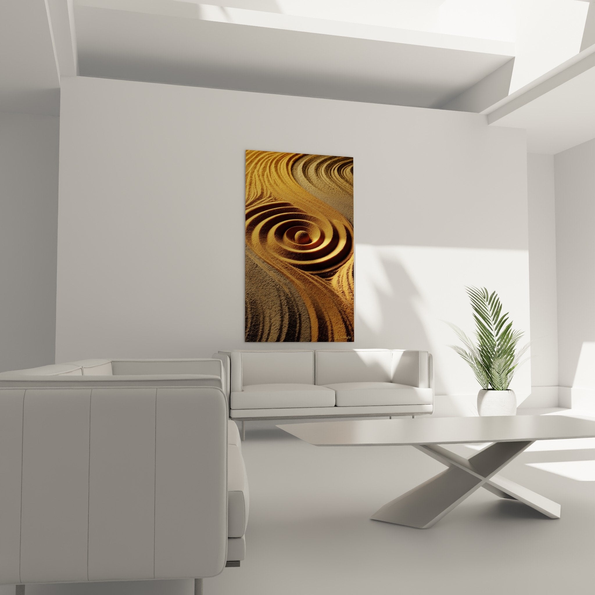 Detail of concentric spirals golden sand relief shadows contrasts grainy geometric texture
