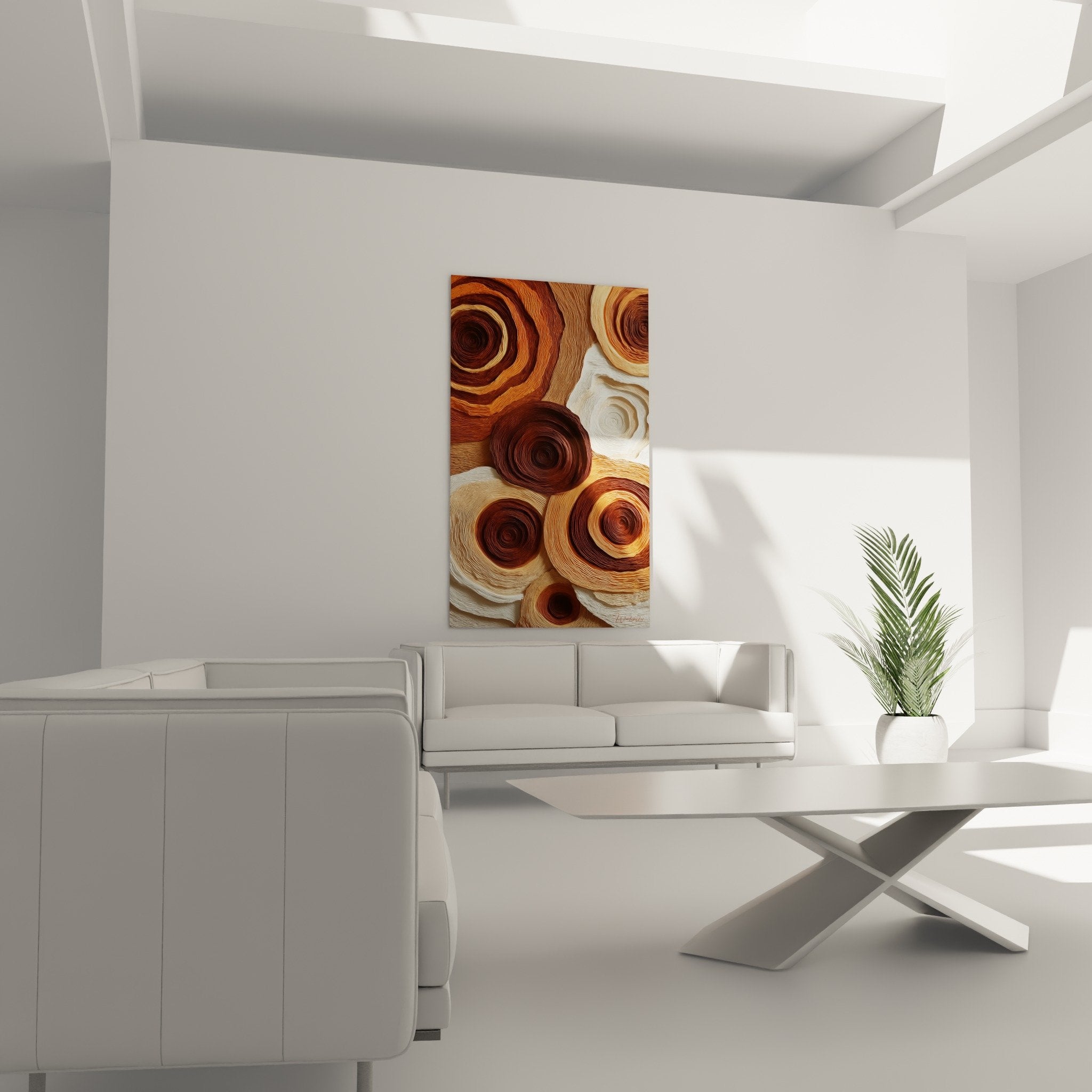 Concentric spirals detail textured relief tones ochre brown feng shui wall art