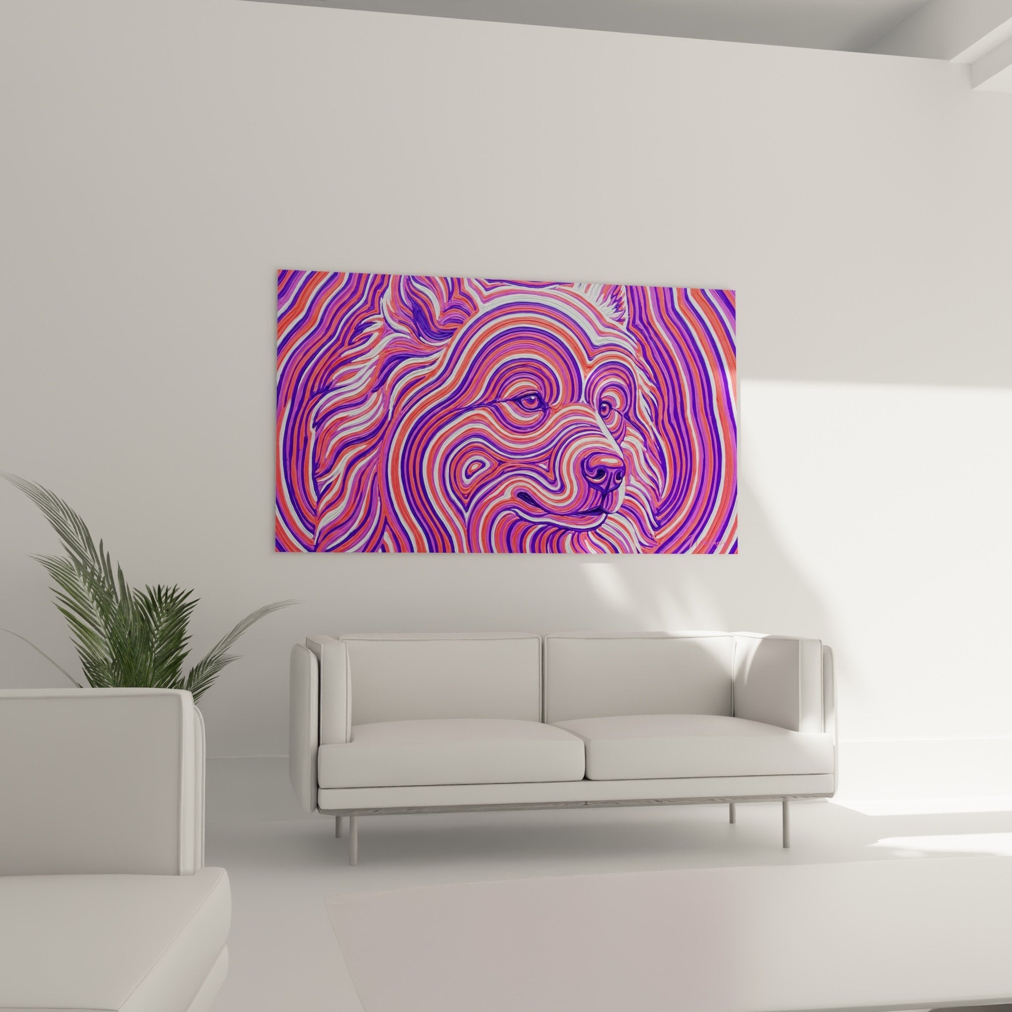Détail spirales violettes roses portrait chien Samoyède art psychédélique contemporain