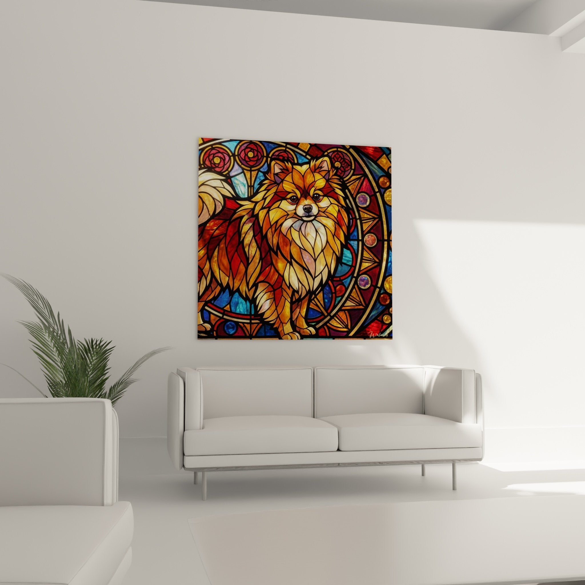 Detail spitz pomeranien pelage dore cuivre motifs decoratifs vitrail bleu rouge violet geometrique