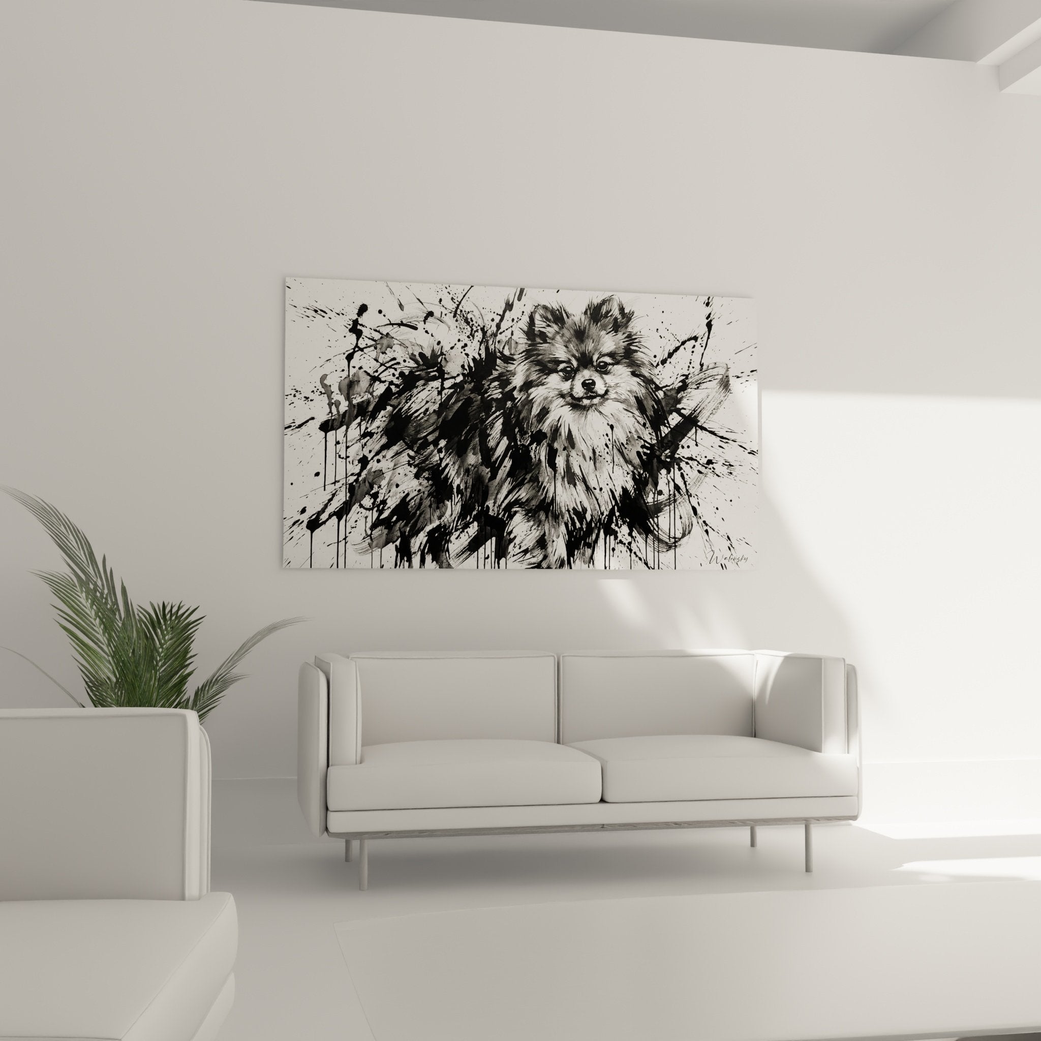 detail portrait spitz pomeranien pelage texture realiste eclaboussures encre noire art animalier