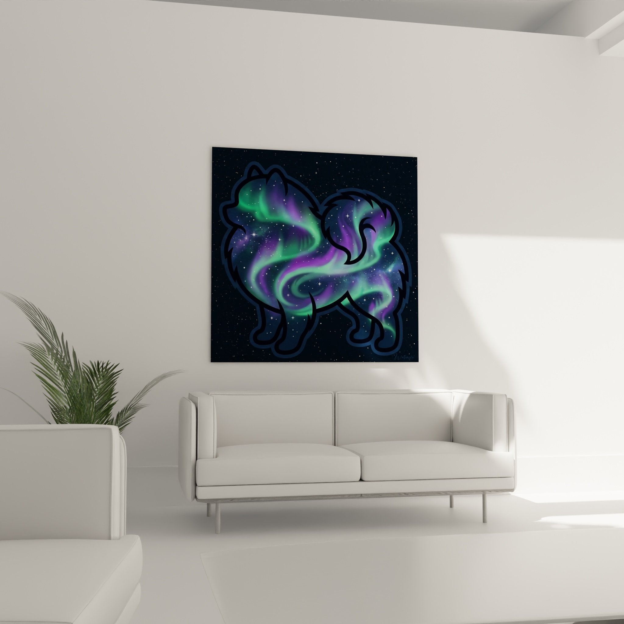 detail tableau spitz pomeranien effet transparence aurore boreale couleurs violet vert emeraude cosmique etoiles