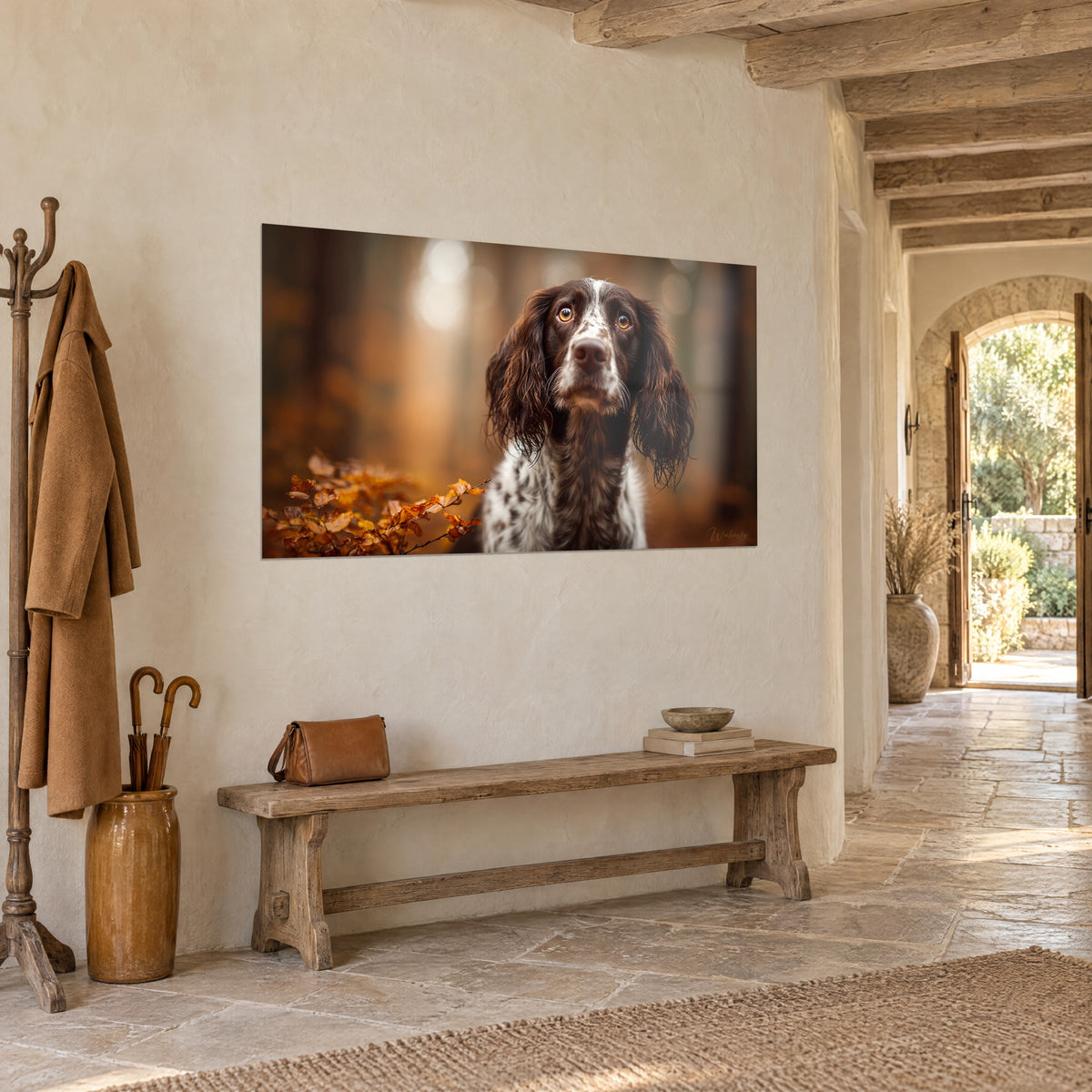 Quadro cane dal pelo bianco screziato di marrone, sguardo ambrato, bosco dorato sfocato, appeso in un vecchio ingresso in pietra