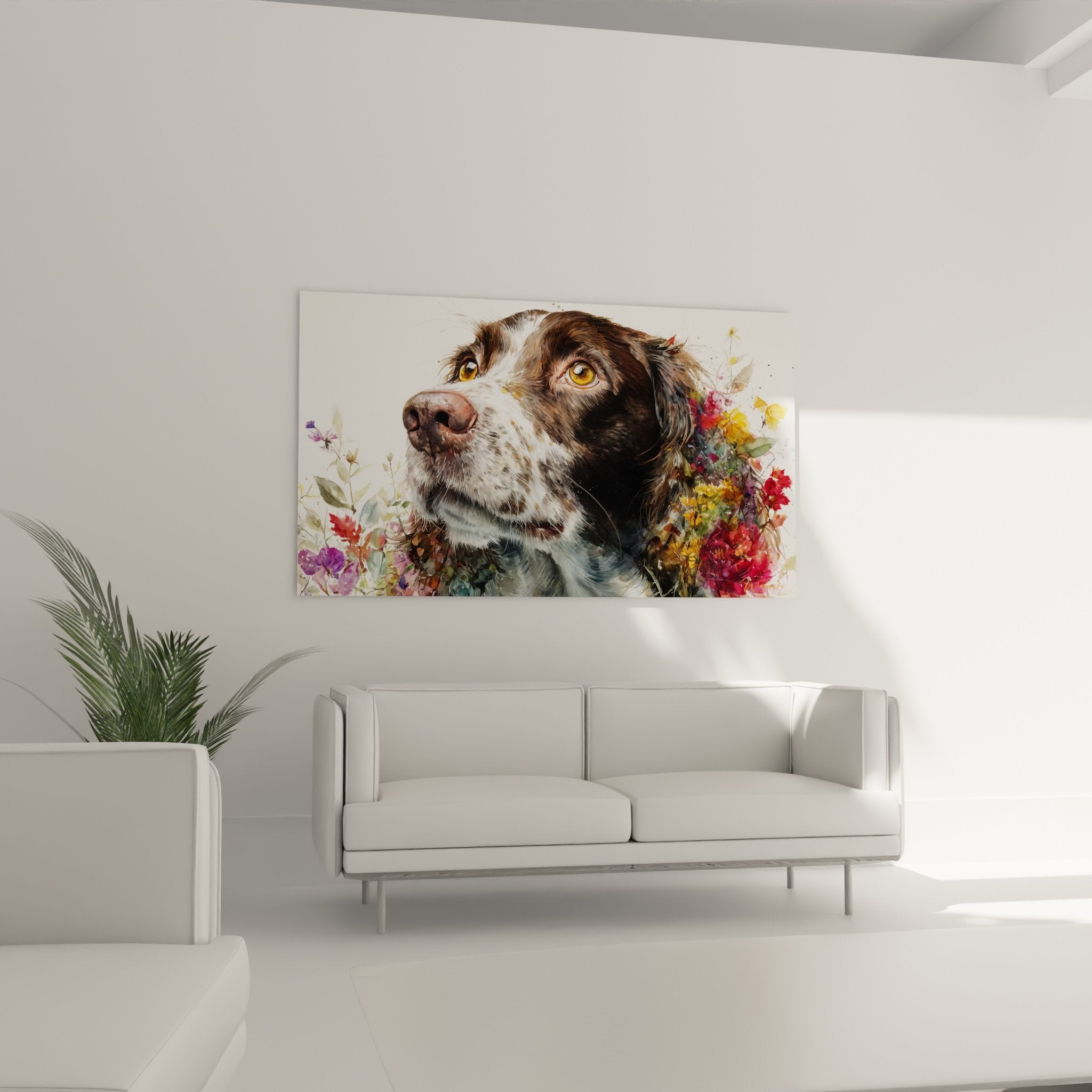 Détail portrait chien Springer Anglais regard doré intense avec explosion florale colorée arrière-plan