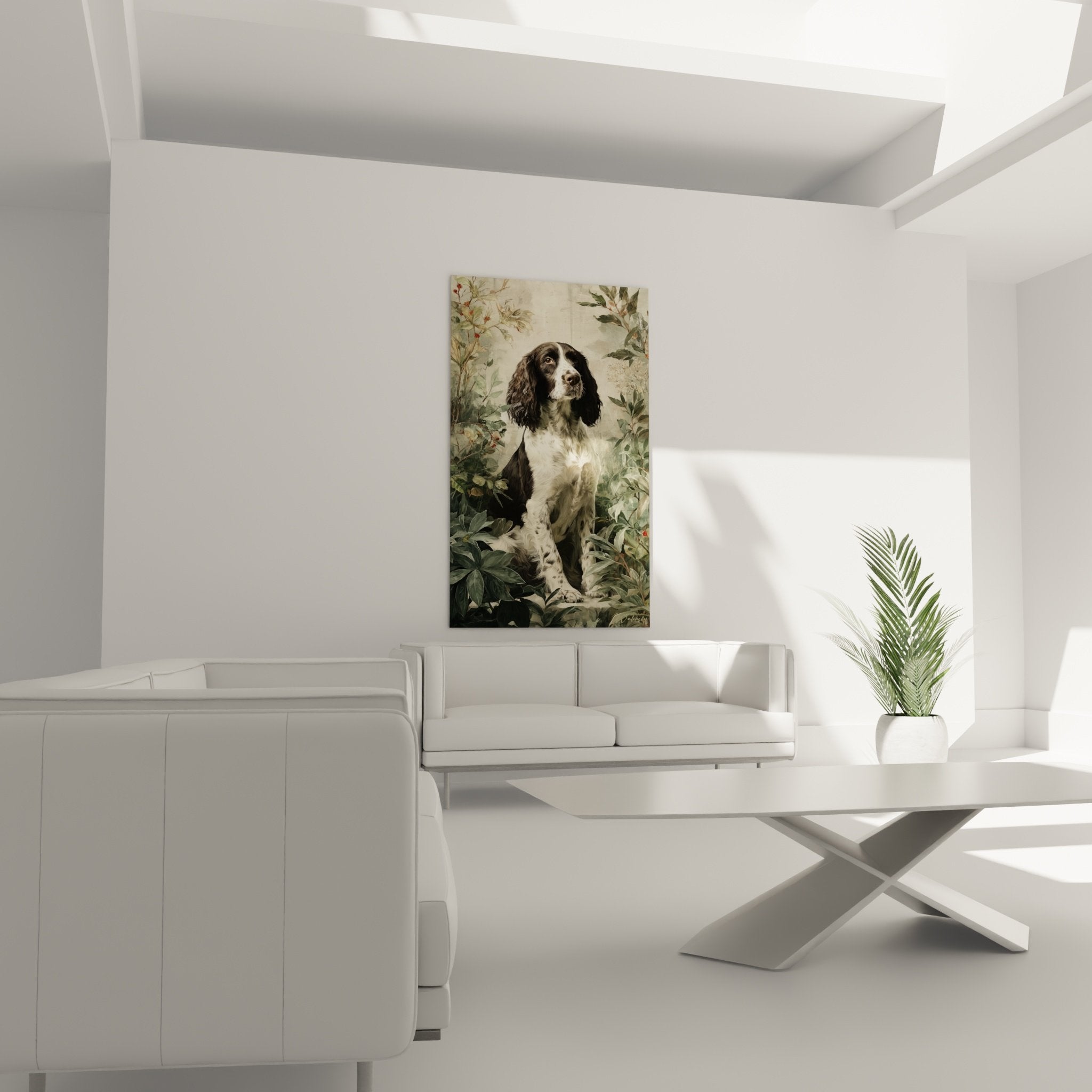 Gros plan détail tableau épagneul Springer Anglais regard expressif ambré pelage soyeux feuillage vert