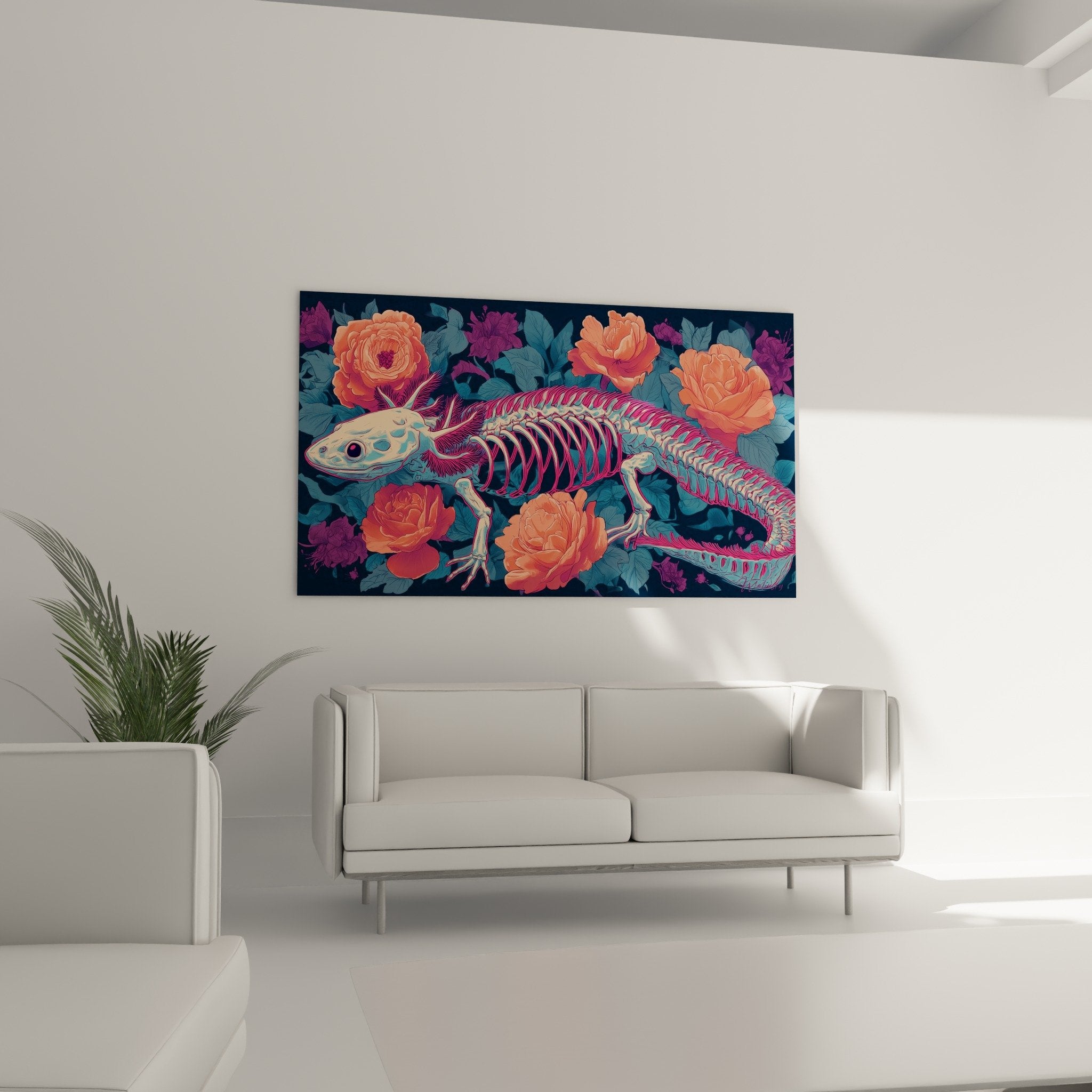 Detail squelette axolotl rose avec structure osseuse precise entouree de roses corail epanouies