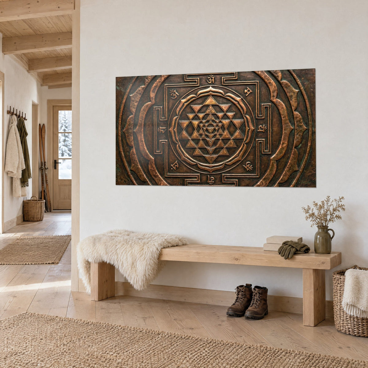 Cuadro mandala védico en relieve, círculos de pétalos de loto en cobre y chocolate, visto de tres cuartos, entrada de chalet de madera con banco de madera clara