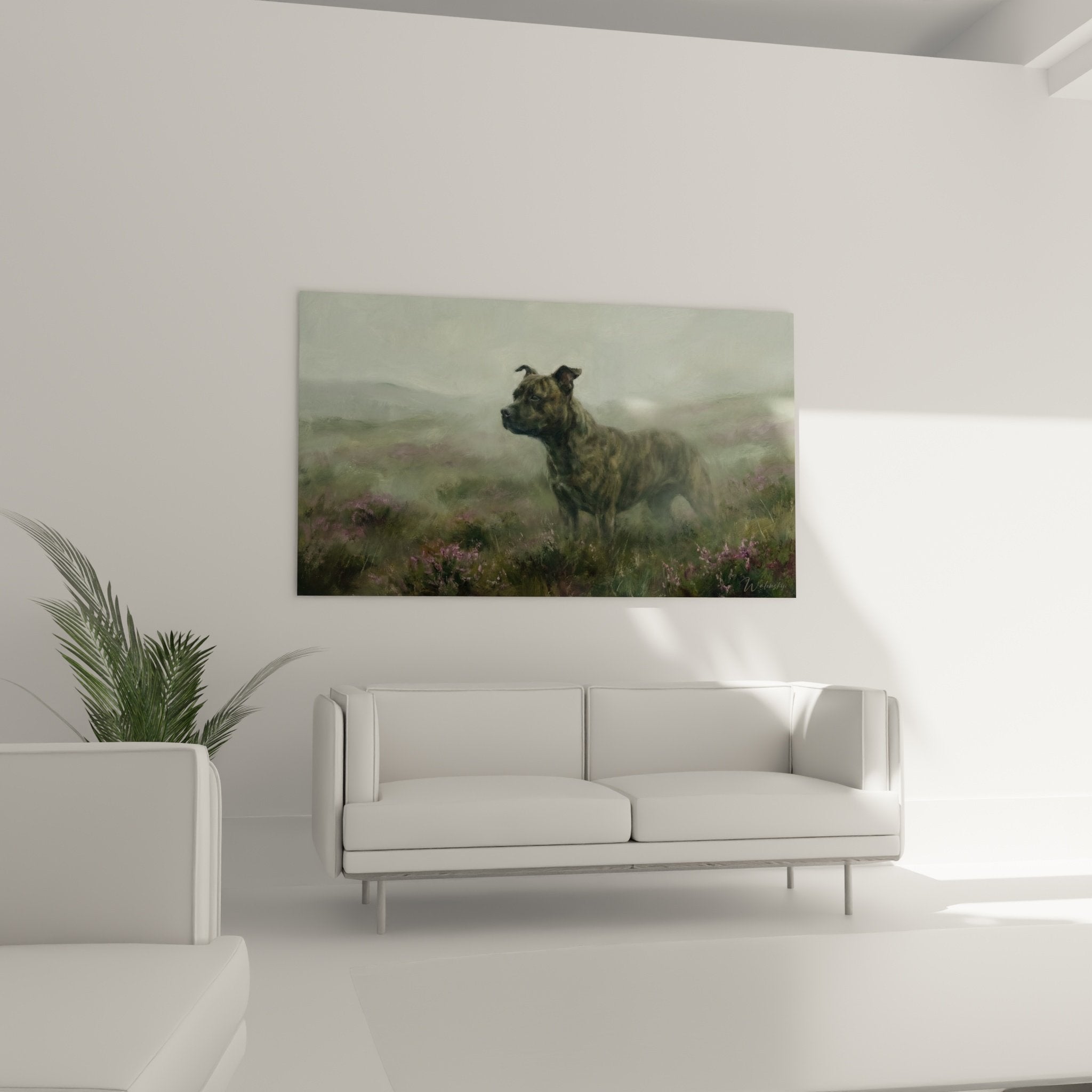 Détail tableau chien Staffordshire Bull Terrier pelage bringé, peinture réaliste brume violette