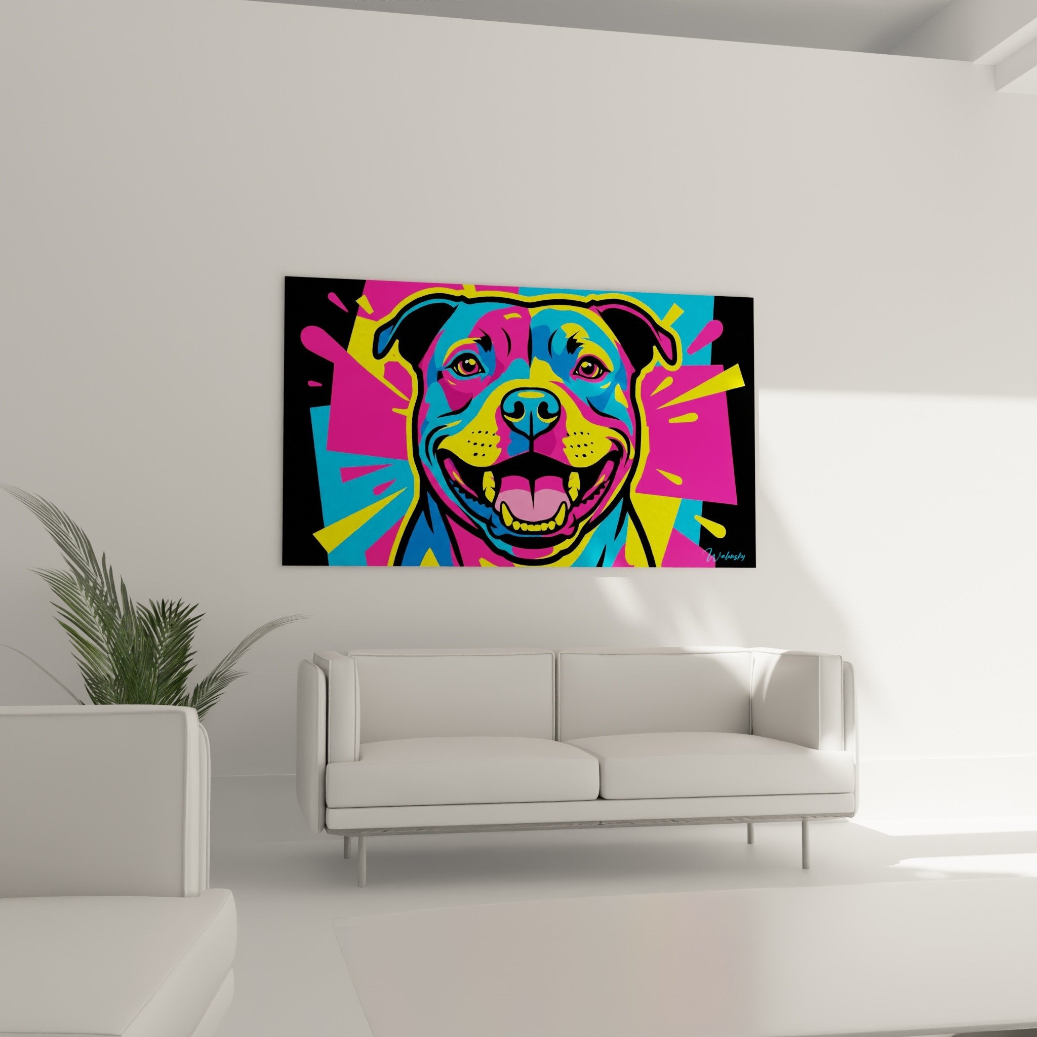 Detail Porträt Staffordshire Bull Terrier Pop Art leuchtende Farben Rosa Cyan Gelb moderne grafische Technik
