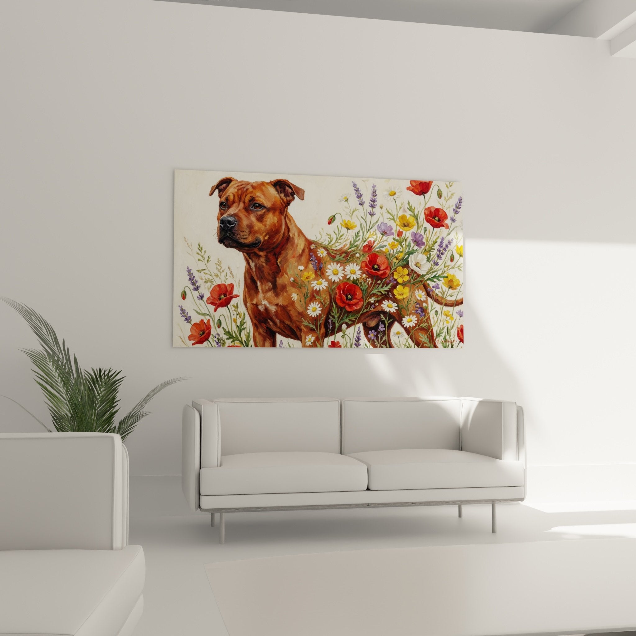 Detail peinture staffordshire bull terrier regard bleu pelage roux texture fleurs colorees art realiste
