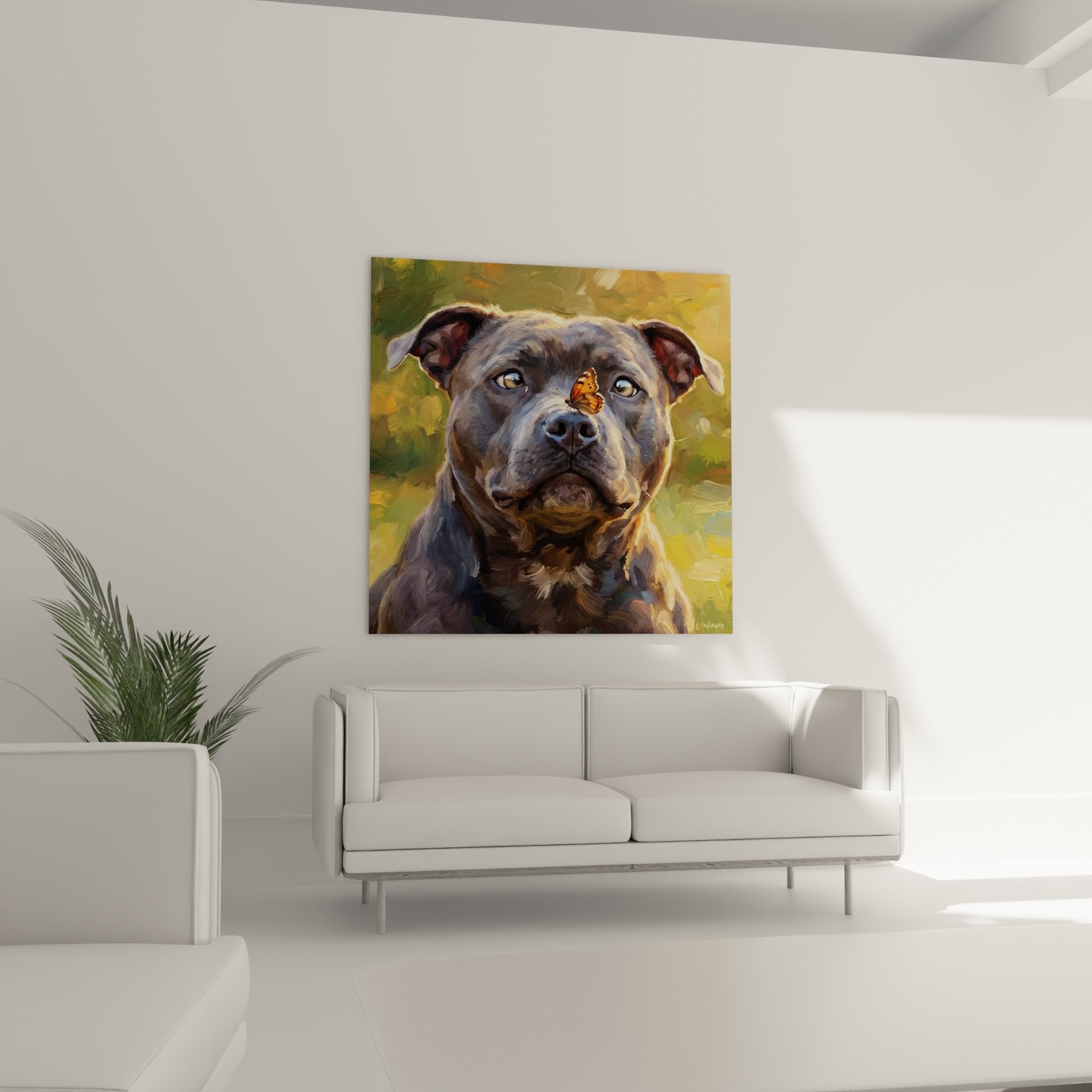 Detailporträt Staffordshire Bull Terrier grau, leuchtend orangener Schmetterling auf der Schnauze, ausdrucksstarke braune Augen, strukturierte Malerei