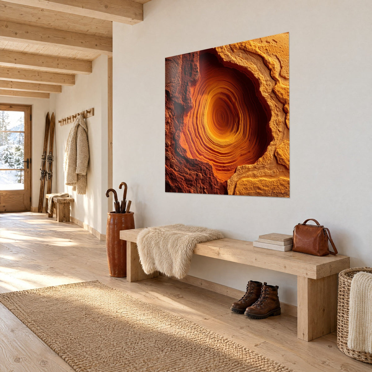 Quadro fessura di arenaria con anelli ambrati, bordata di bruno ruggine, su una parete bianca d'ingresso in legno chiaro, vista di tre quarti, panca e stivali sotto