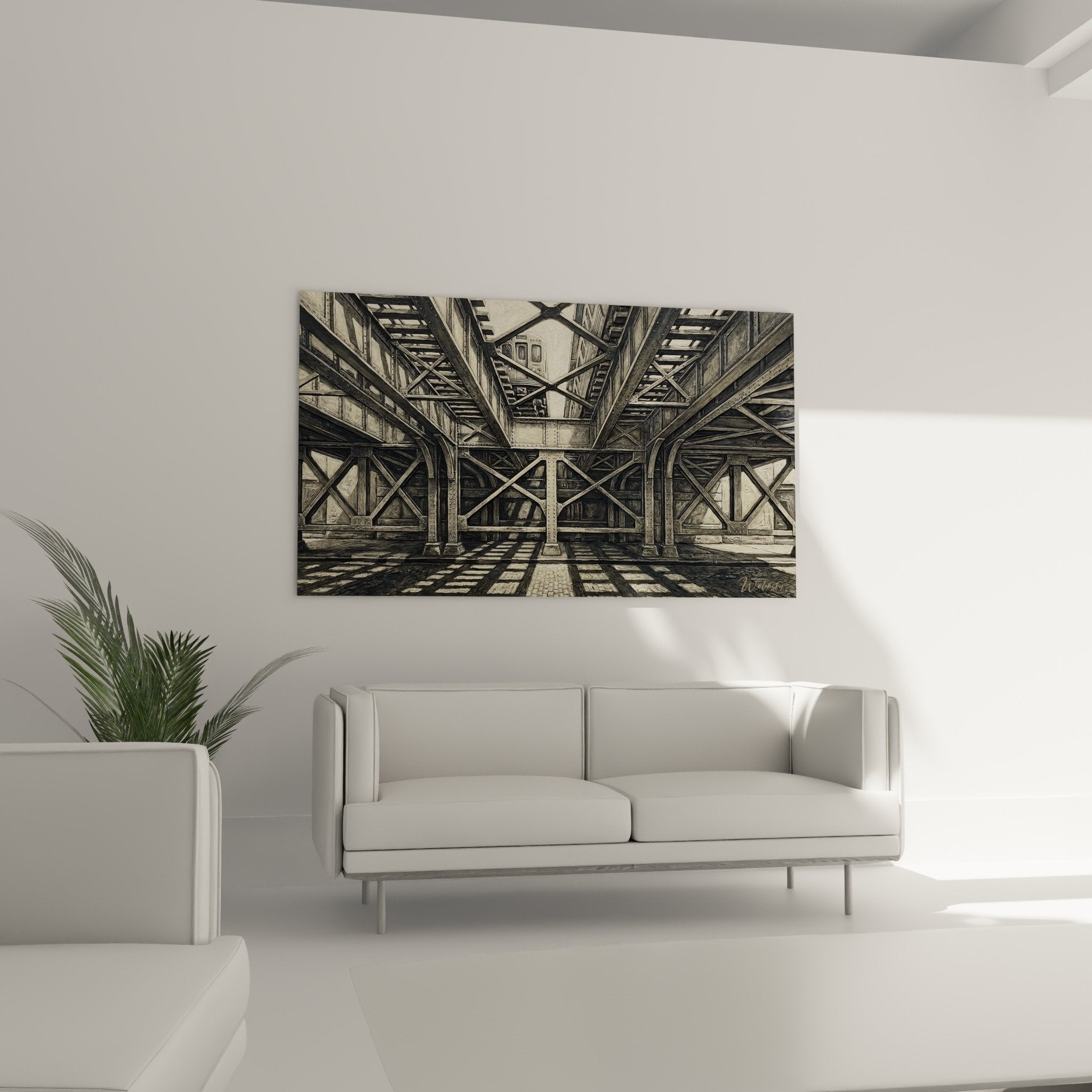Detail rapproche structure acier entrecroisee poutrelles geometrie industrielle gris