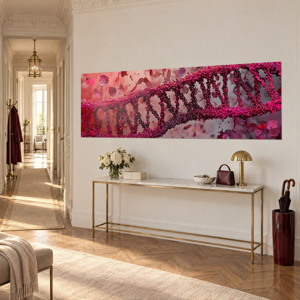 Tableau brin génétique serti de perles fuchsia sur fond corail et gris perle, vu de trois-quarts au-dessus d'une console dorée
