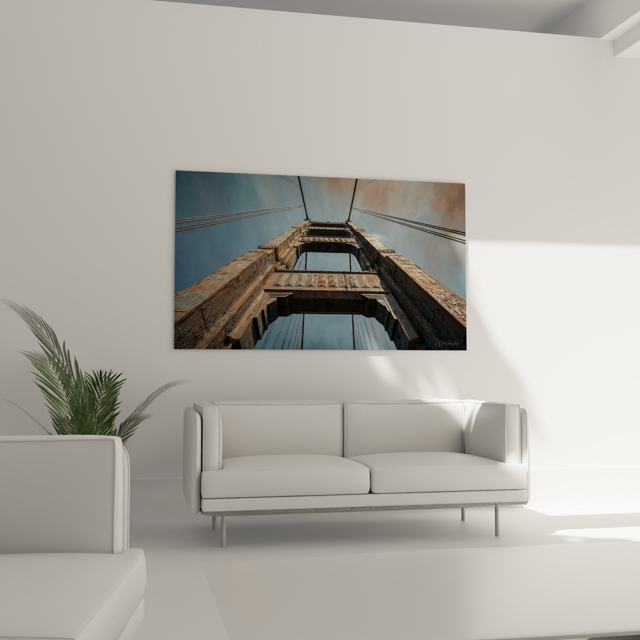 detail tableau structure metallique pont suspendu cables poutrelles tons rouille gris saten island